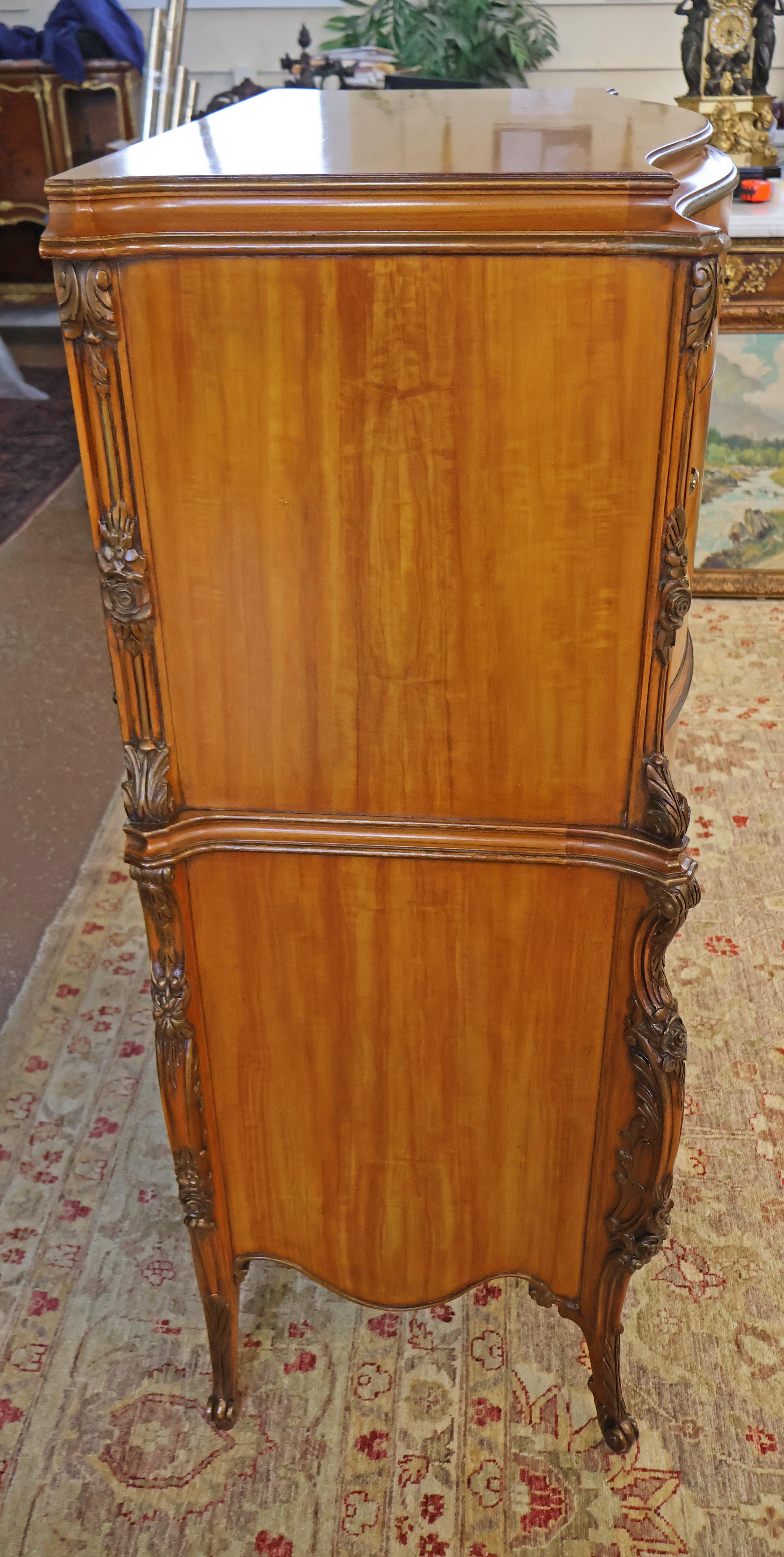 Louis XV Style Inlaid Satinwood and Burled Walnut High Chest of Drawers 1920s 2