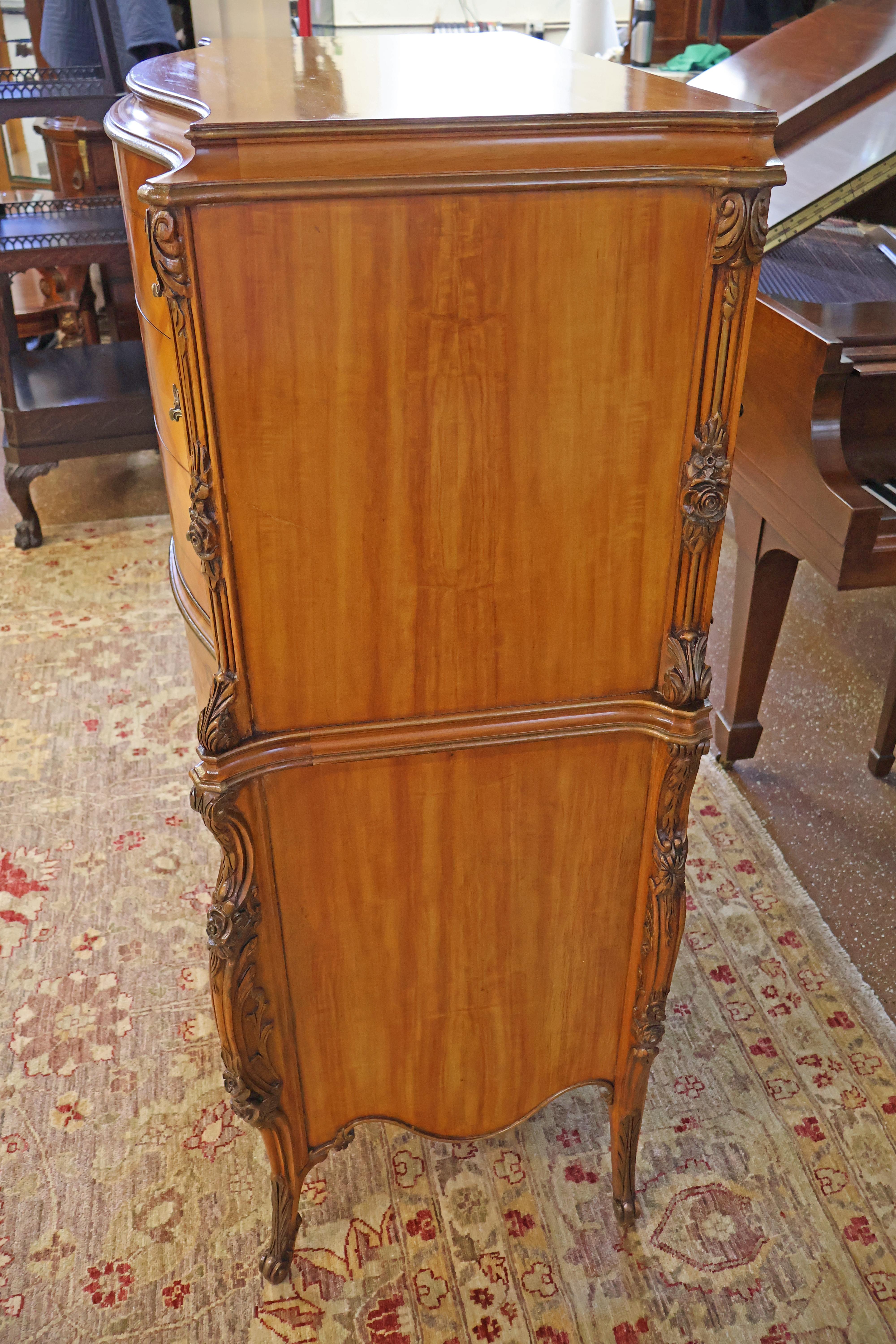 Louis XV Style Inlaid Satinwood and Burled Walnut High Chest of Drawers 1920s 3