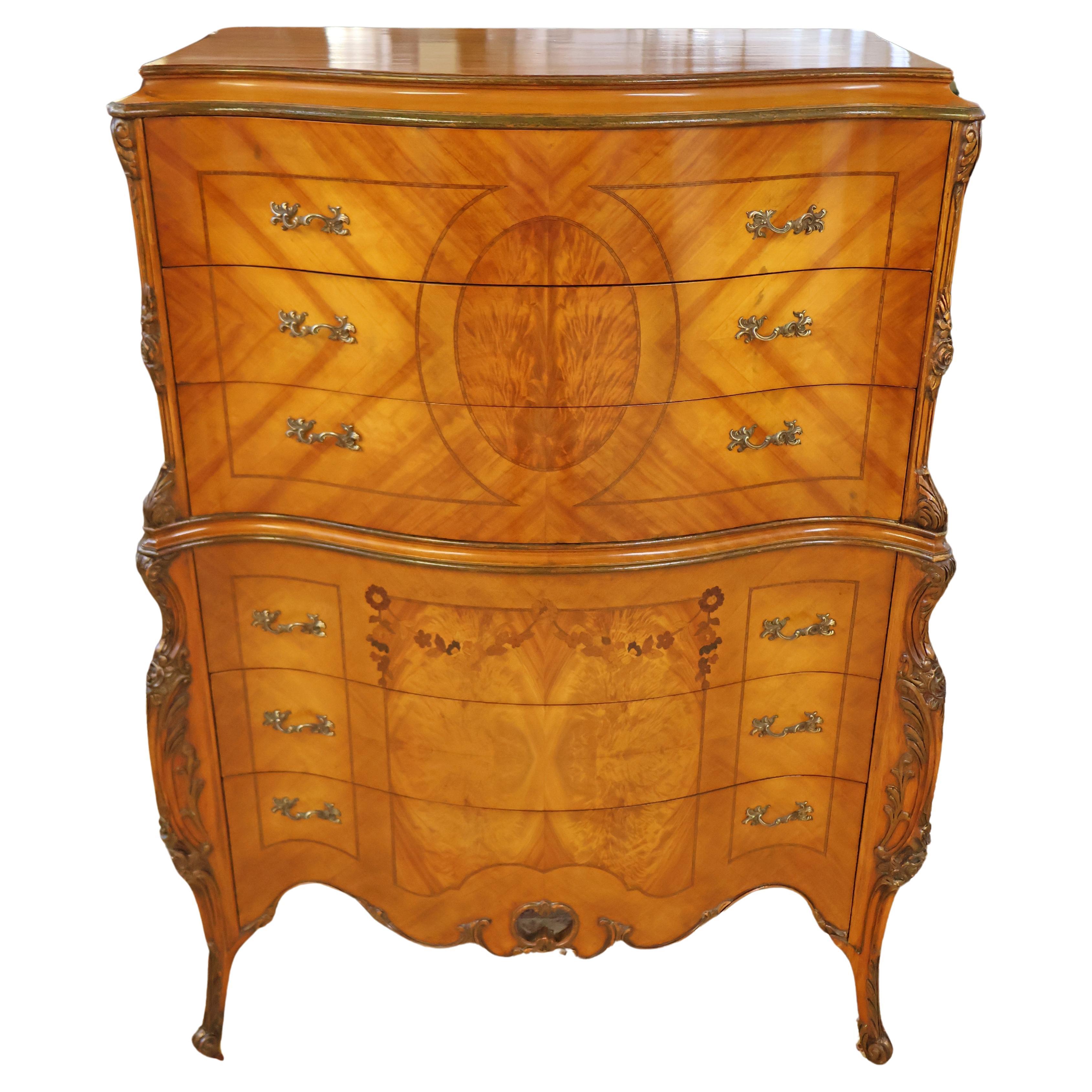 Louis XV Style Inlaid Satinwood and Burled Walnut High Chest of Drawers 1920s