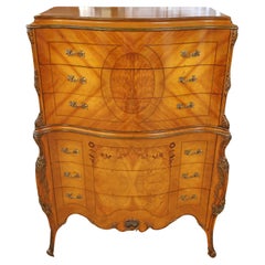 Louis XV Style Inlaid Satinwood and Burled Walnut High Chest of Drawers 1920s