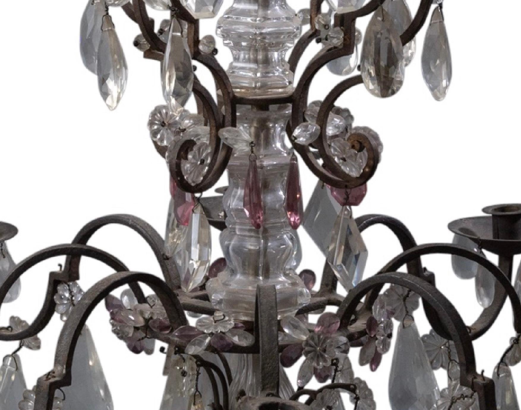 Louis XV Style Iron and Cut Glass Eight-Light Chandelier In Good Condition For Sale In Bradenton, FL