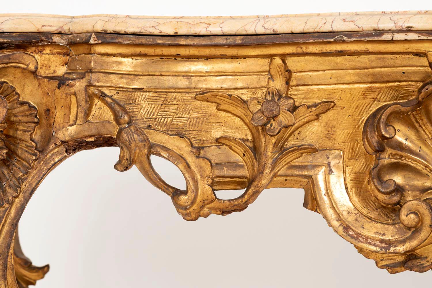 Louis XV Style Italian Console, Giltwood and Yellow Marble, 18th Century 8