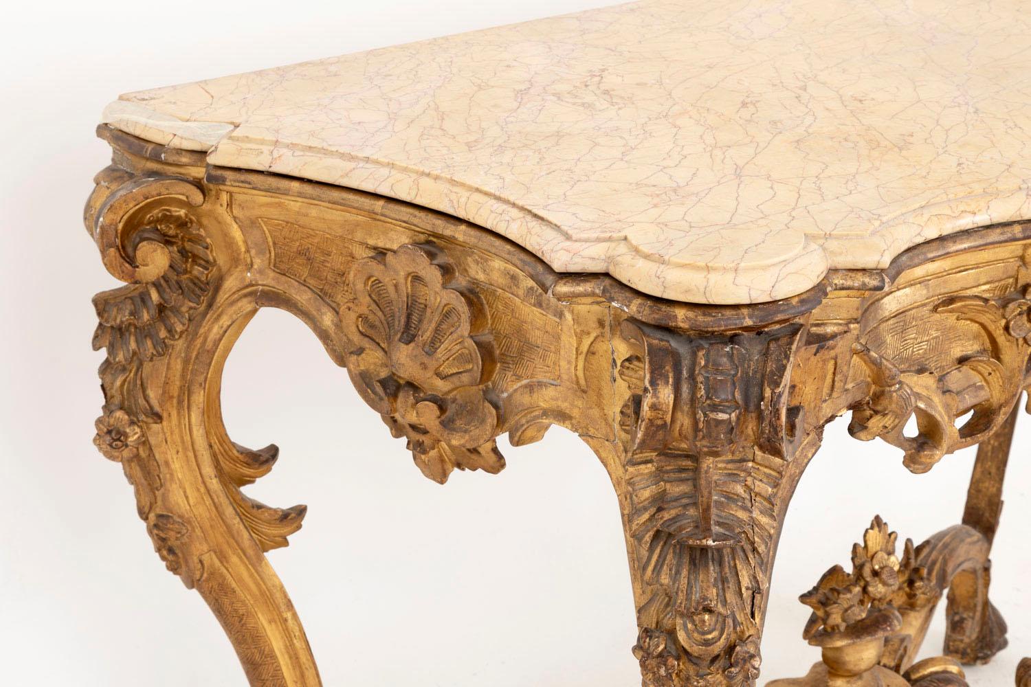 18th Century and Earlier Louis XV Style Italian Console, Giltwood and Yellow Marble, 18th Century