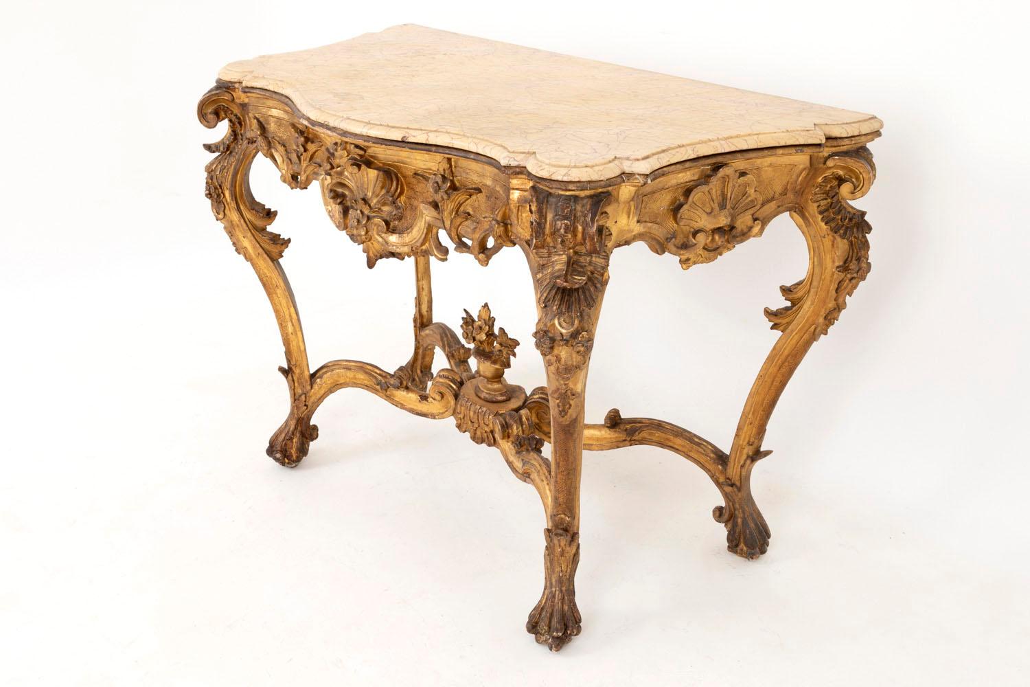 Louis XV Style Italian Console, Giltwood and Yellow Marble, 18th Century 1