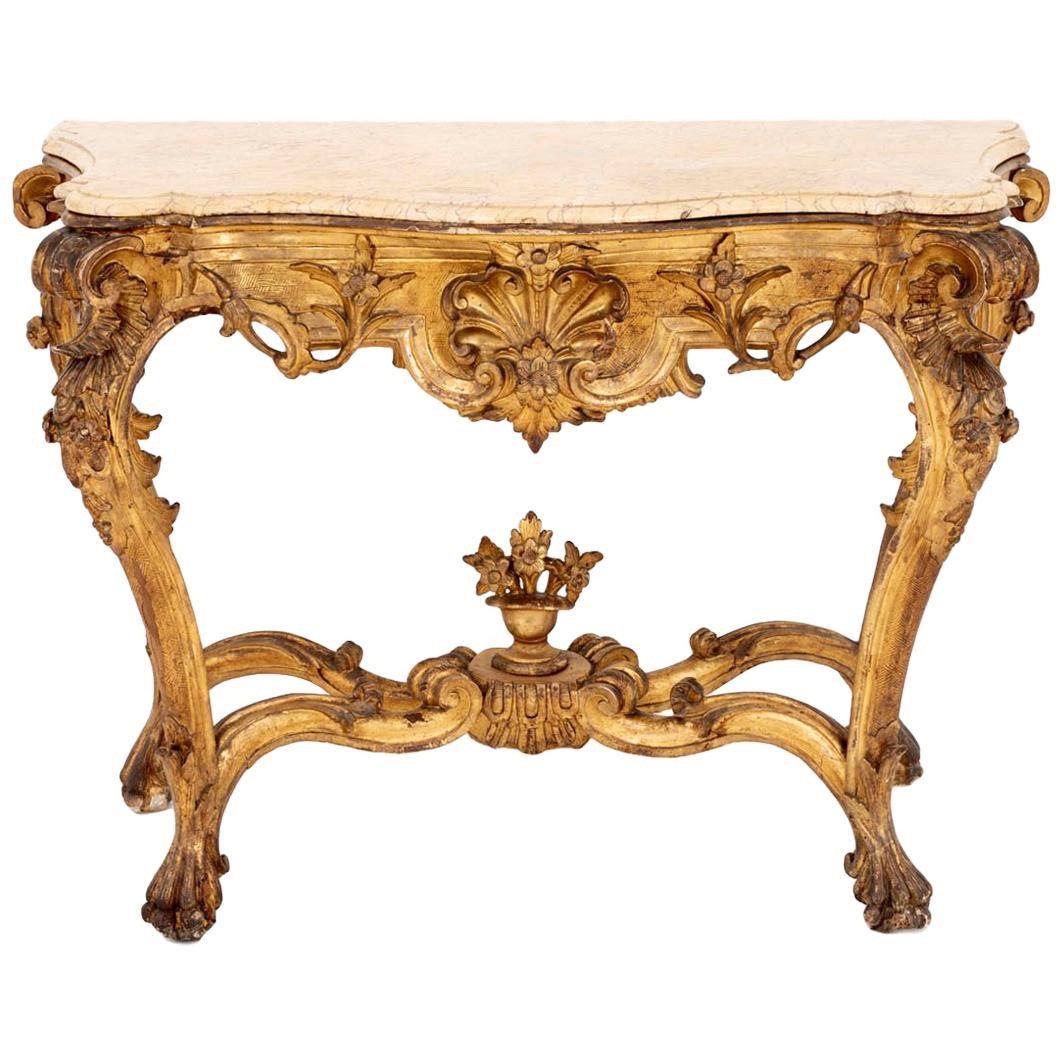 Louis XV Style Italian Console, Giltwood and Yellow Marble, 18th Century