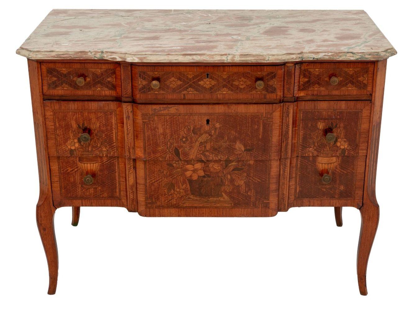 Louis XV Style Kingwood, Marquetry, and Marble Top Breakfront Commode, early 20th century, the molded grey and green marble top above three frieze drawers and two long drawers below, on cabriole legs. 33.5