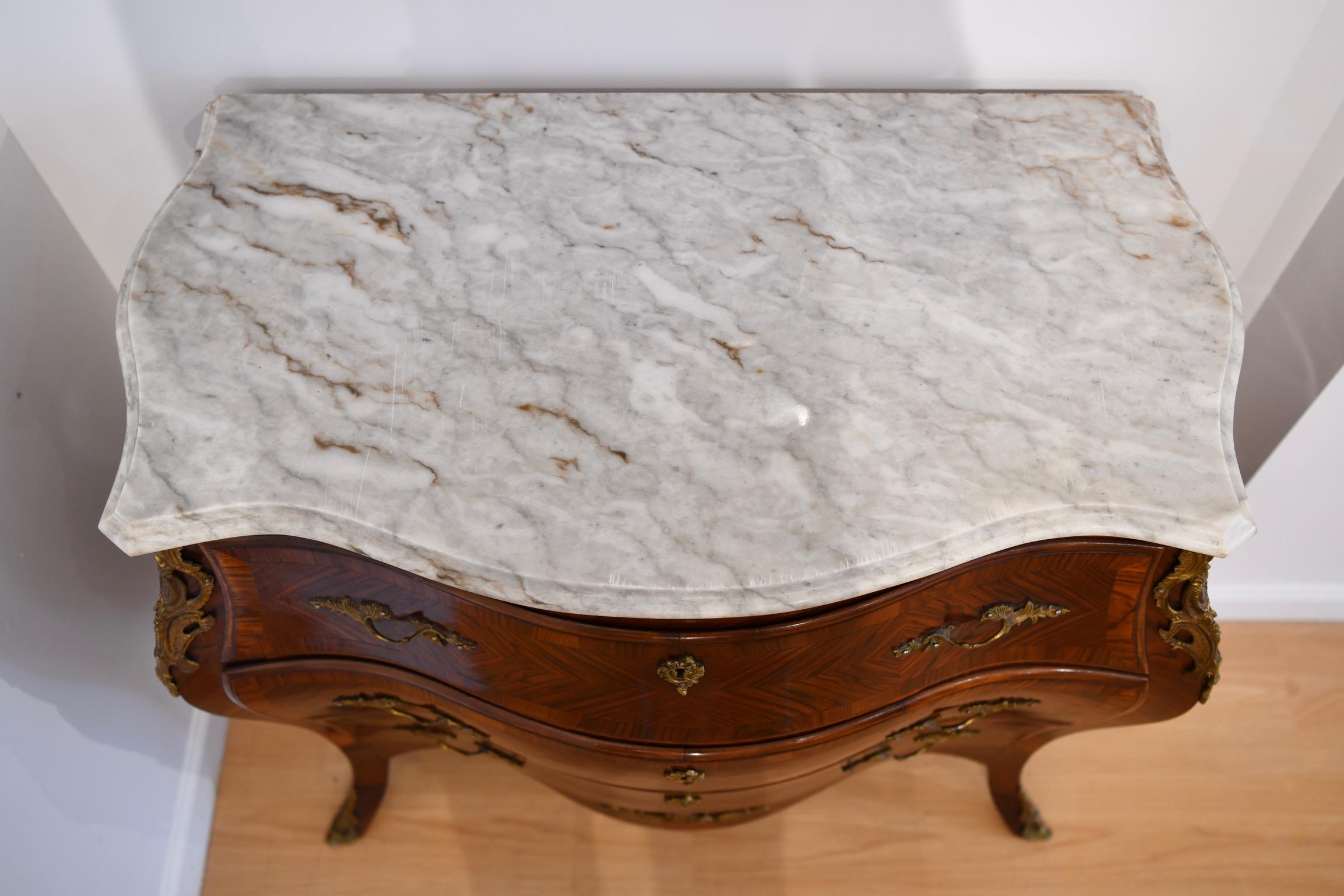 European Louis XV Style Kingwood Marble Top Bombe Commode For Sale