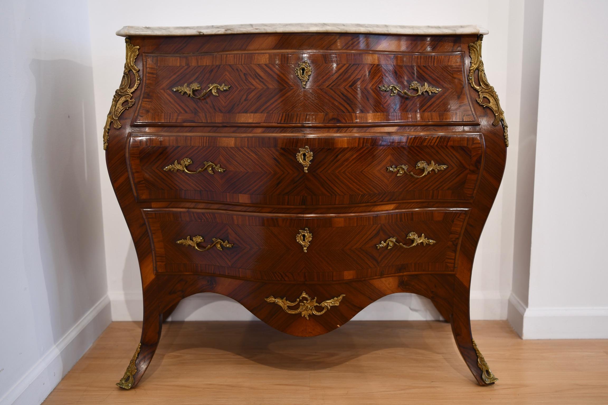 Bronze Louis XV Style Kingwood Marble Top Bombe Commode For Sale