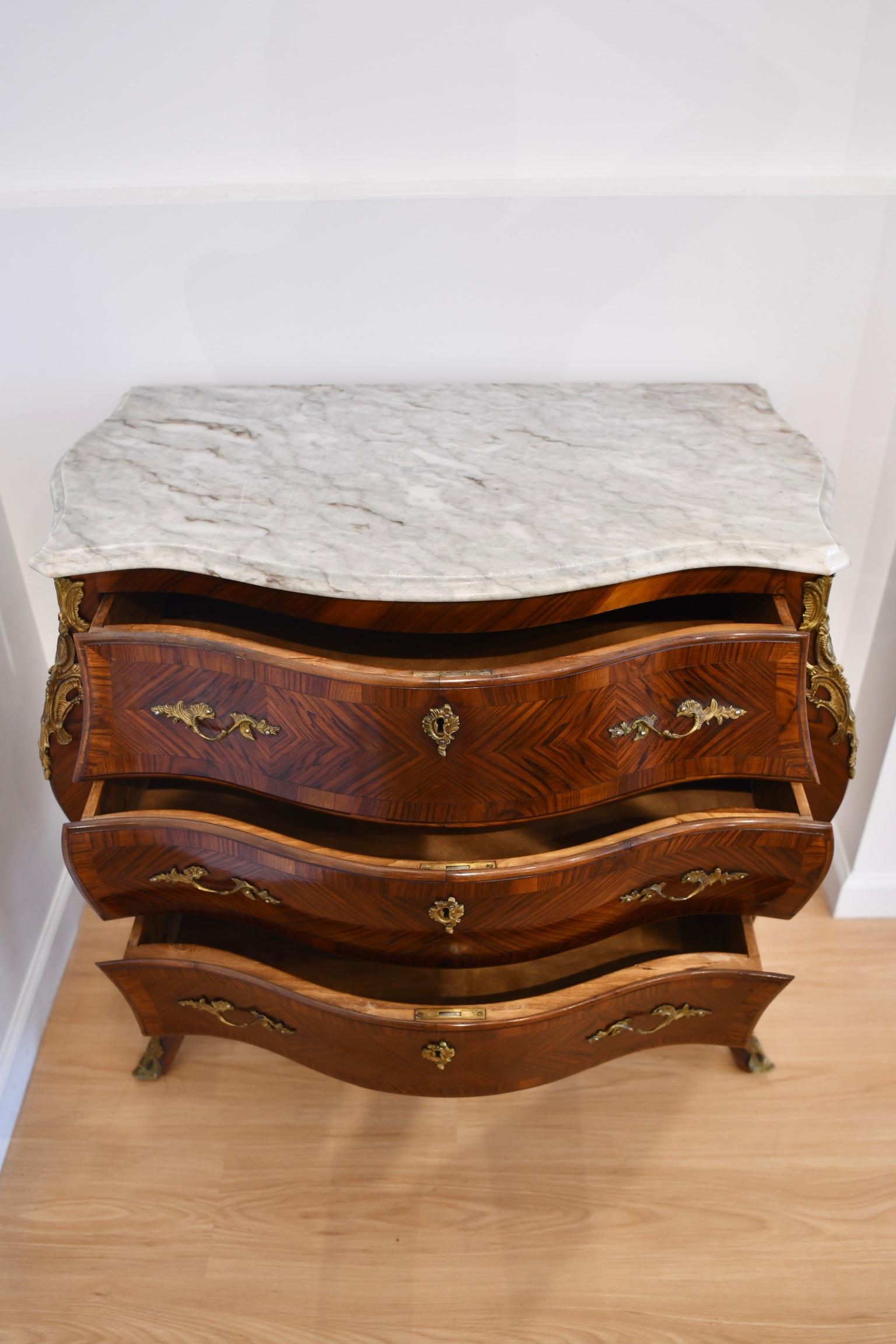 Louis XV Style Kingwood Marble Top Bombe Commode For Sale 2