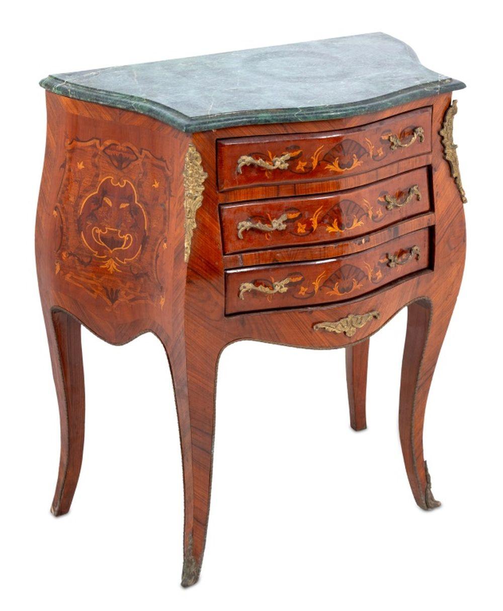 Louis XV Style Gilt Metal Mounted Kingwood, Marquetry, and Green Marble Top Bombe Commode, 20th century, the molded marble top above three long drawers on cabriole legs and sabot feet. 31