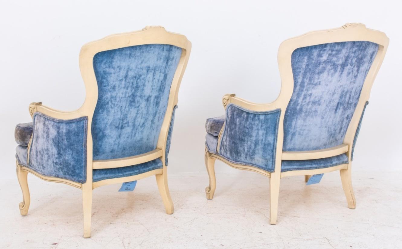 Velvet Louis XV Style Lacquered Arm Chairs, Pair