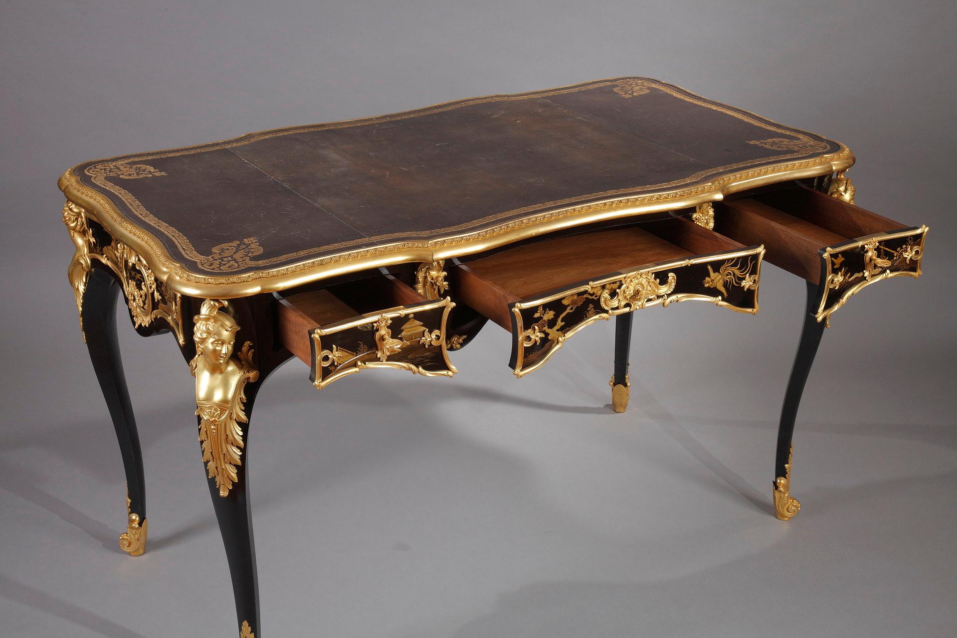 French Louis XV Style Lacquered Wood Flat Desk by A.E. Beurdeley, France, Circa 1890 For Sale