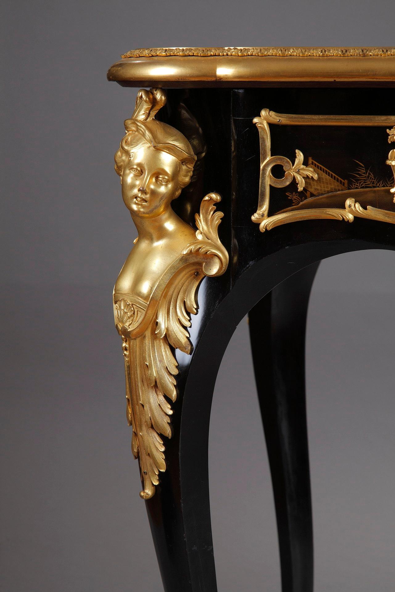 Bronze Louis XV Style Lacquered Wood Flat Desk by A.E. Beurdeley, France, Circa 1890 For Sale