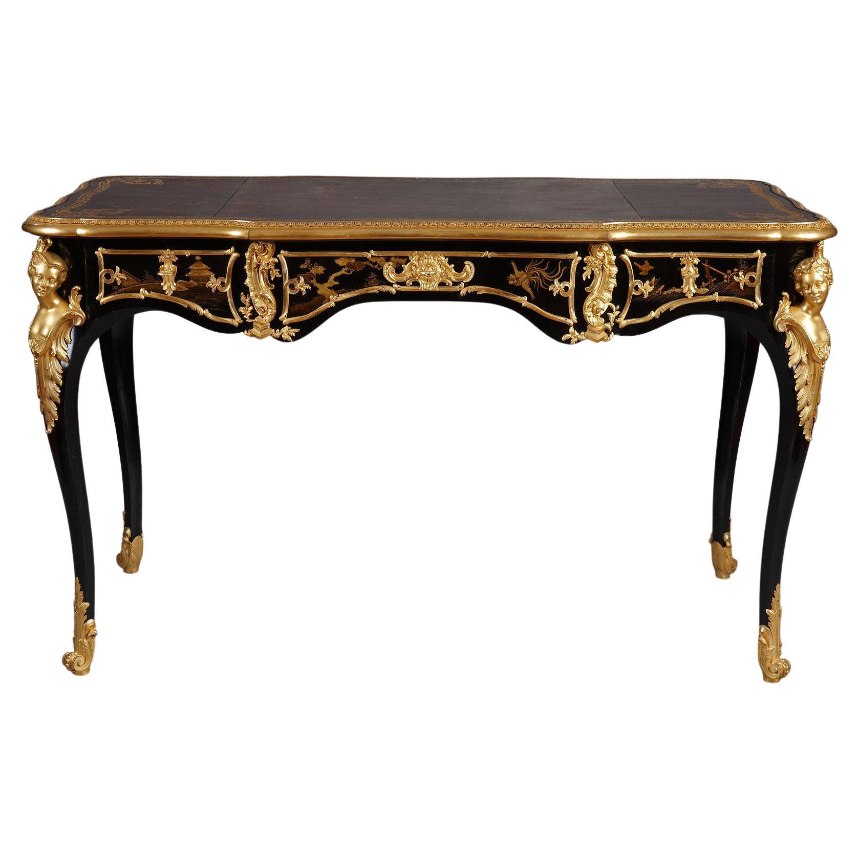 Louis XV Style Lacquered Wood Flat Desk by A.E. Beurdeley, France, Circa 1890 For Sale