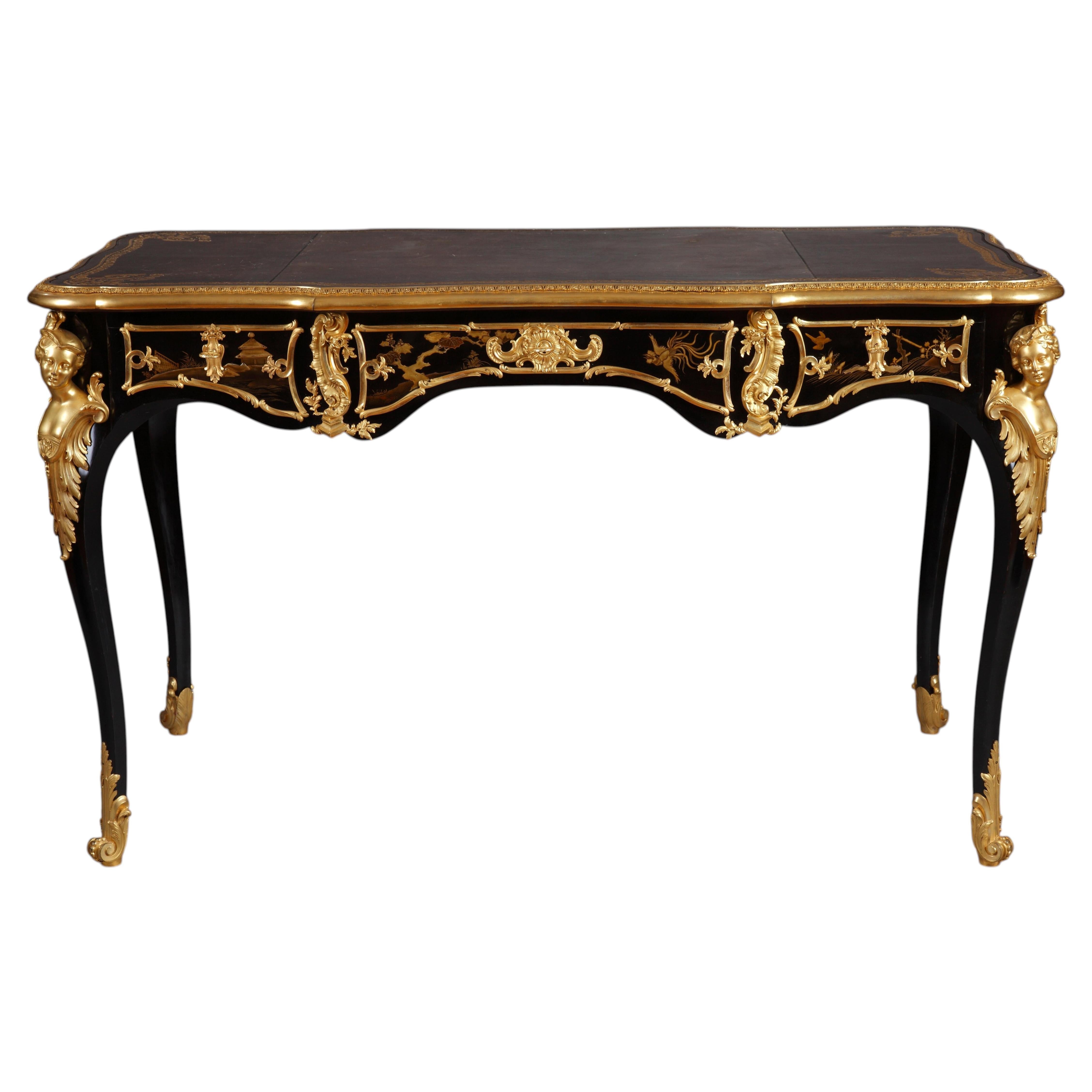 Louis XV Style Lacquered Wood Flat Desk by A.E. Beurdeley, France, Circa 1890 For Sale