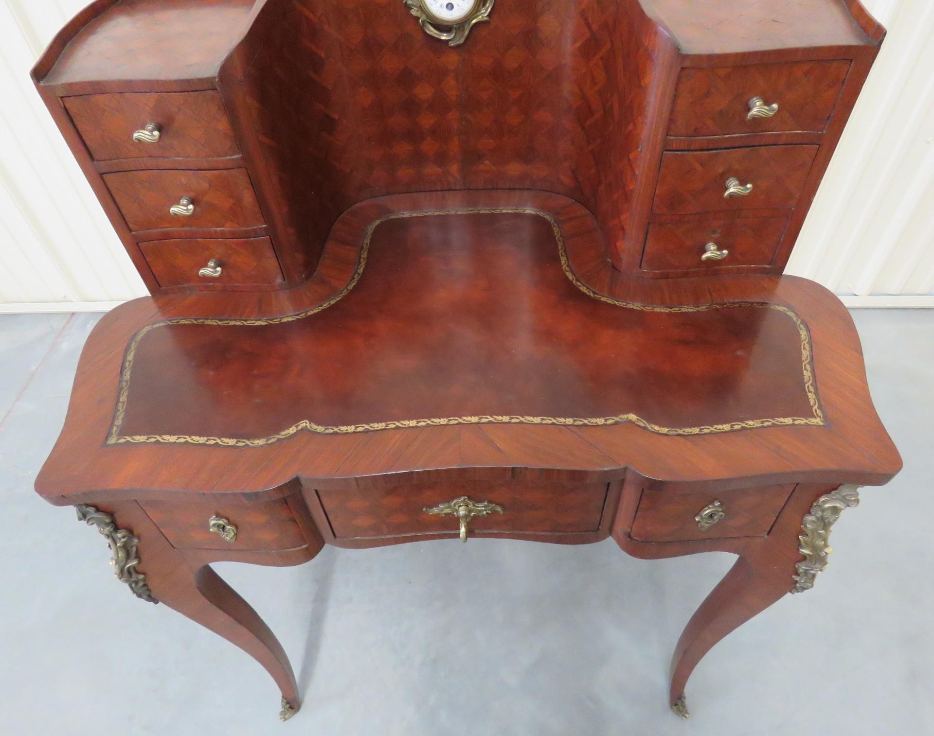 Rare Size Rosewood French Louis XVI Leather Top Rosewood Desk With Clock  In Good Condition In Swedesboro, NJ
