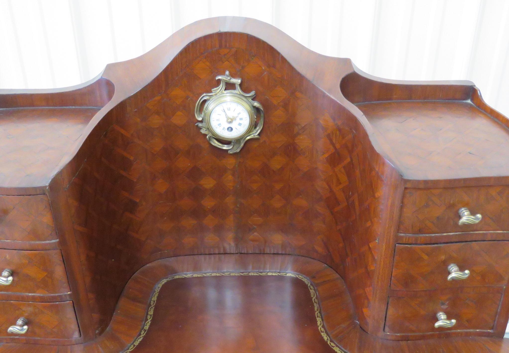 20th Century Rare Size Rosewood French Louis XVI Leather Top Rosewood Desk With Clock 