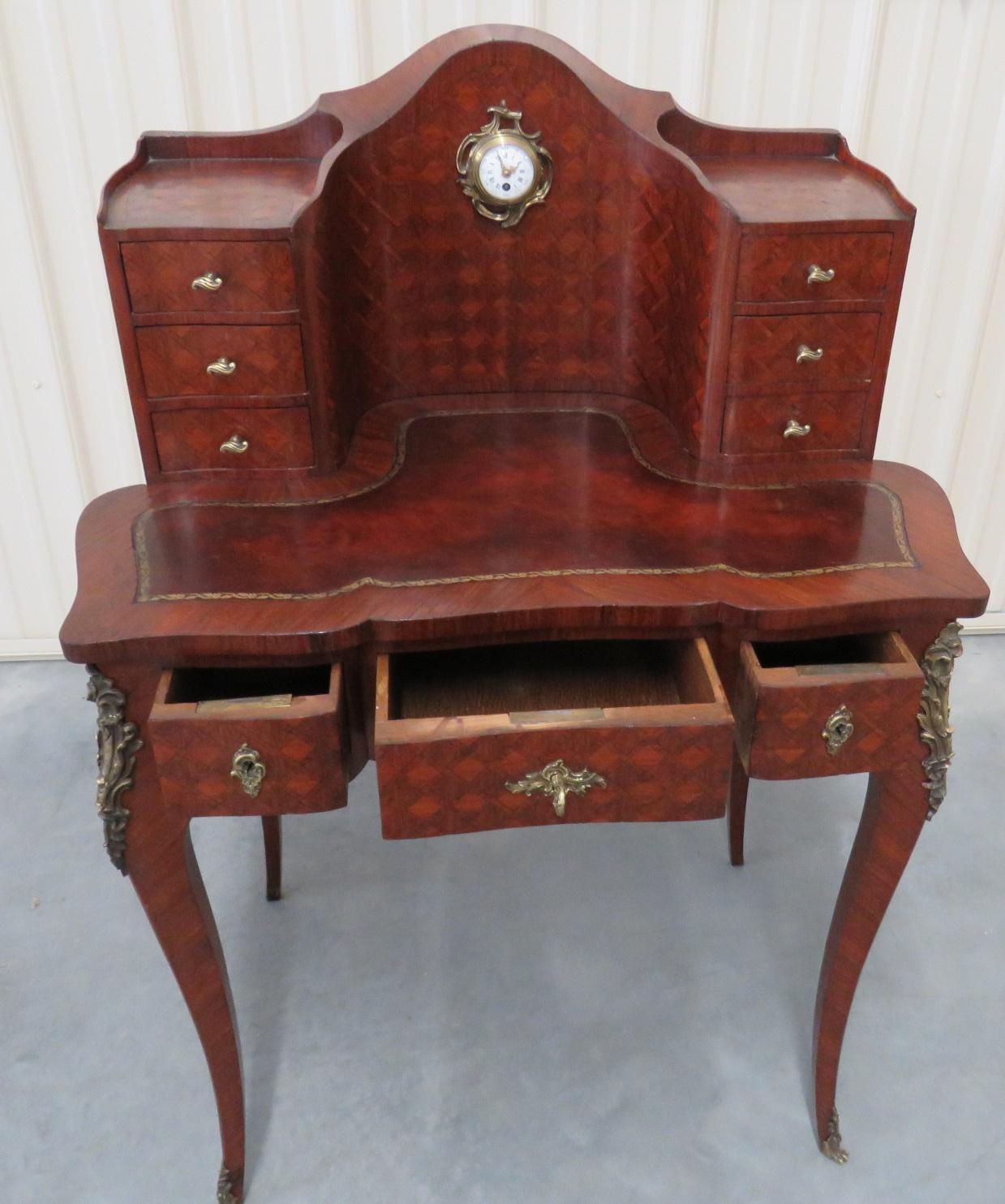 Rare Size Rosewood French Louis XVI Leather Top Rosewood Desk With Clock  1
