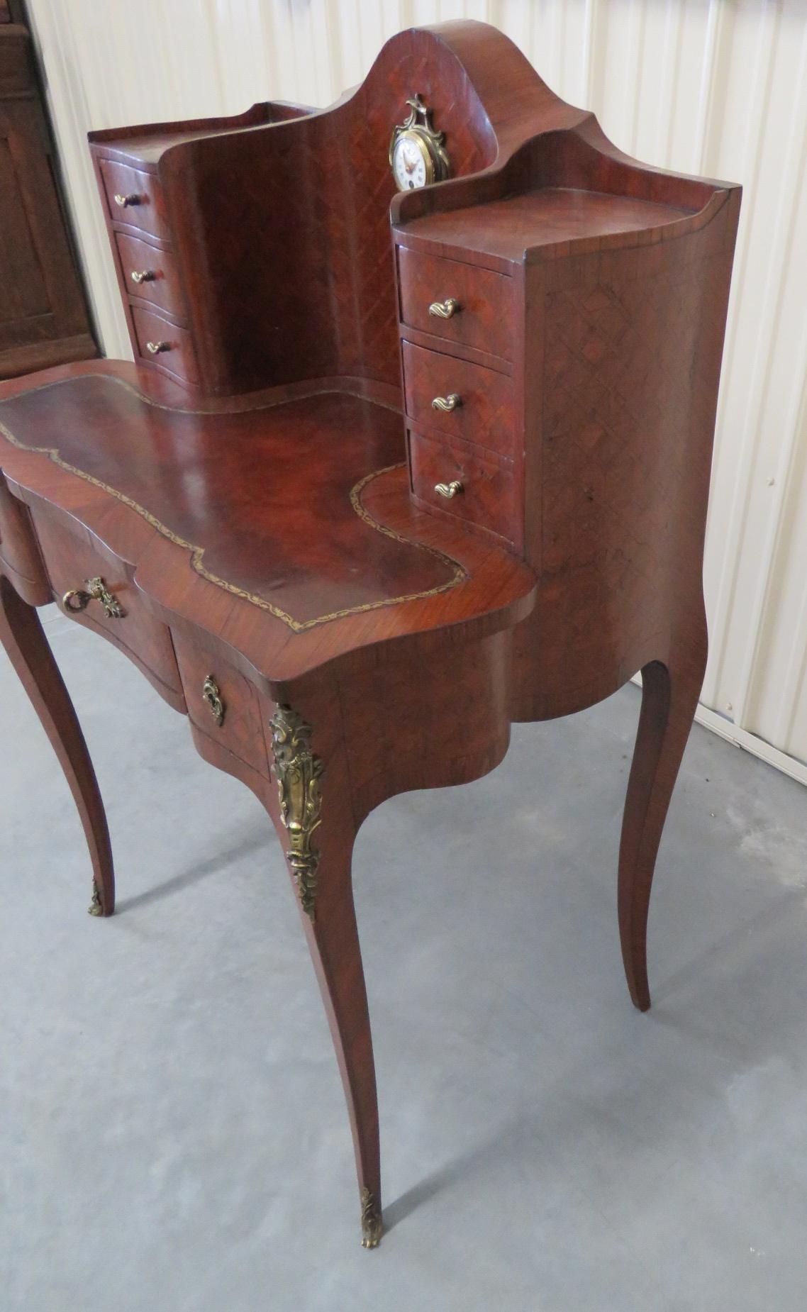 Rare Size Rosewood French Louis XVI Leather Top Rosewood Desk With Clock  2