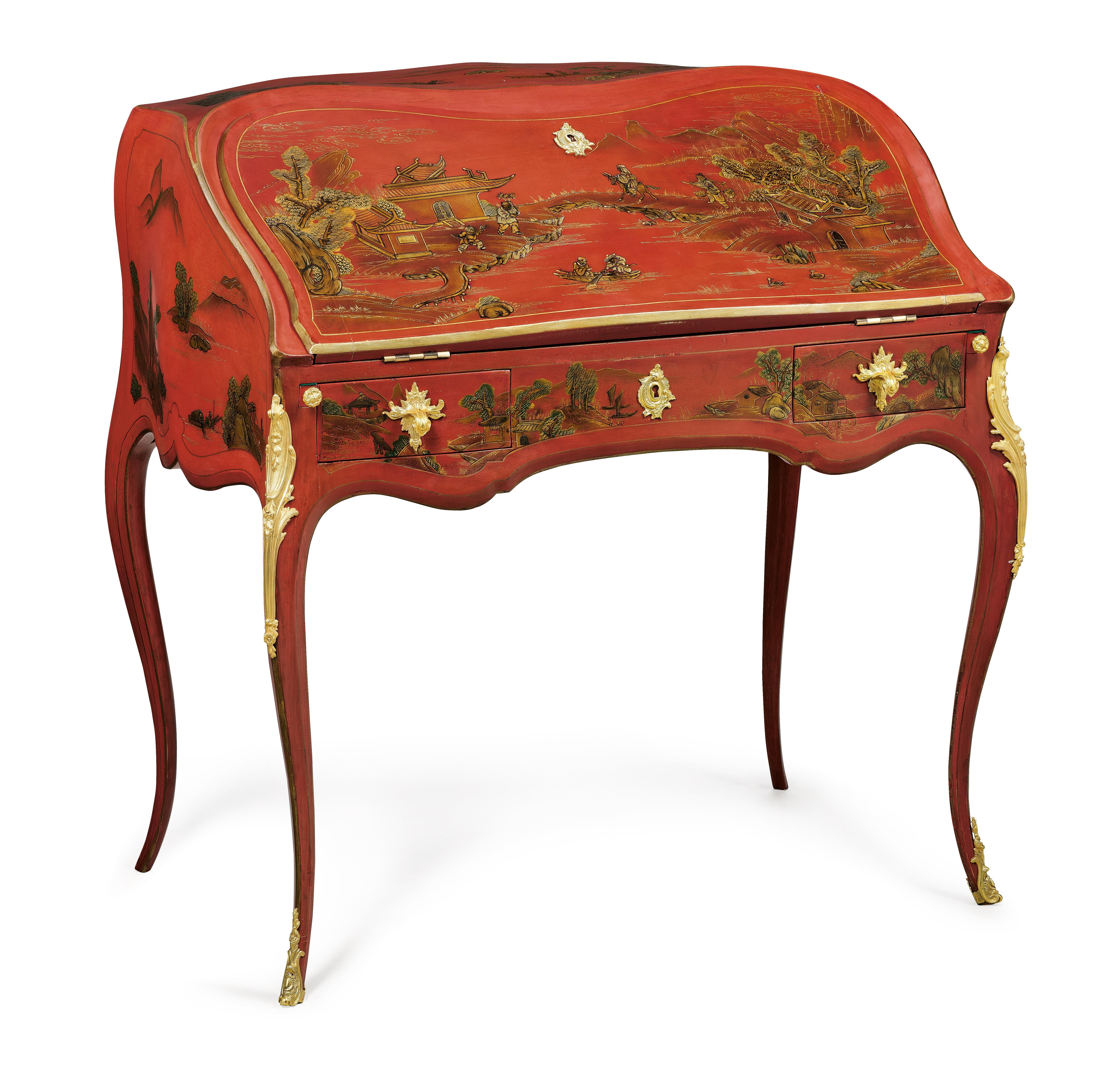 Damensekretär im Stil Louis XV mit rot-goldenem Chinoiserie-Dekor (Gemalt) im Angebot