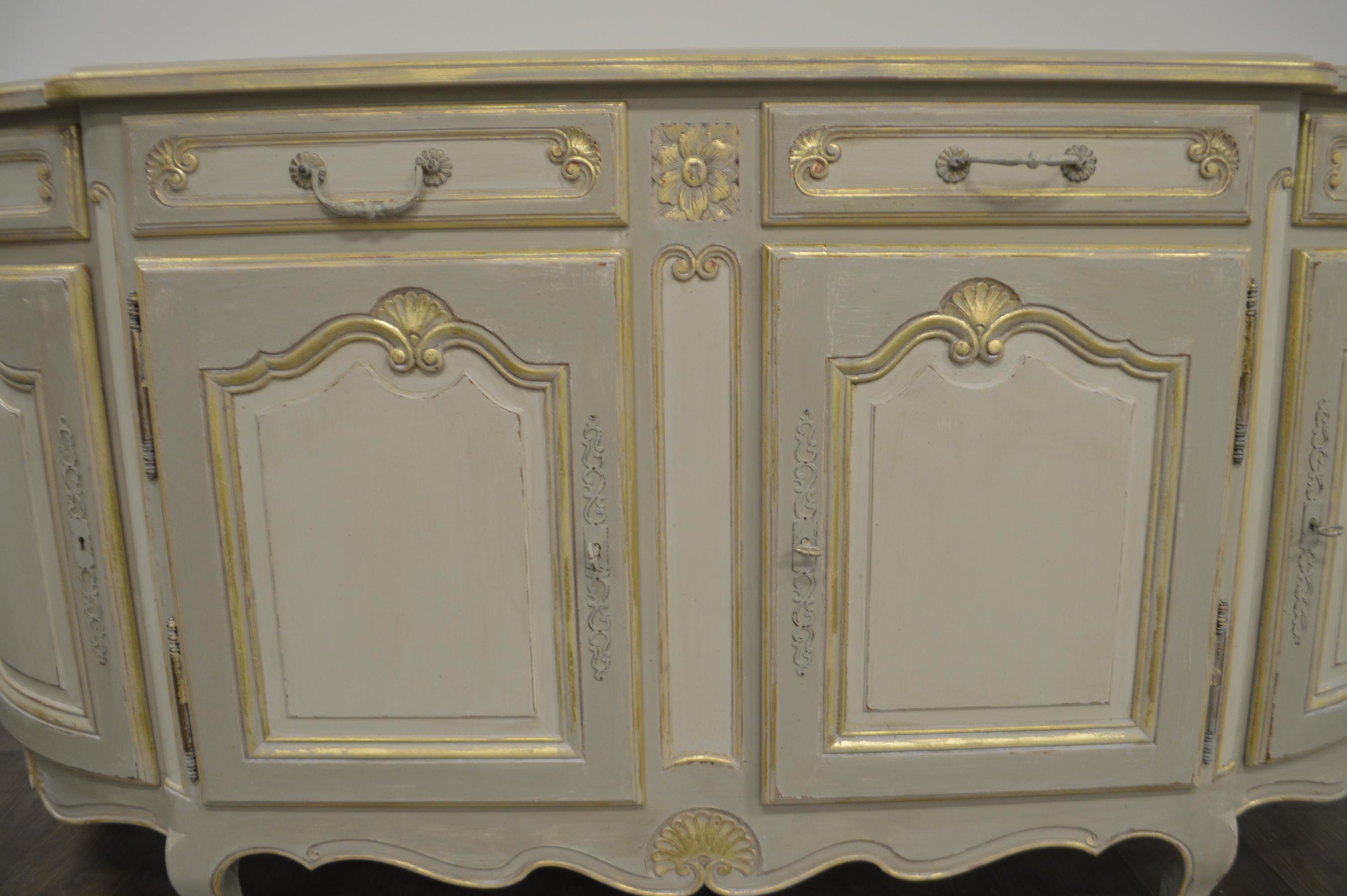 French Louis XV Style Large Painted Buffet, Four Drawers and Storage Compartments For Sale