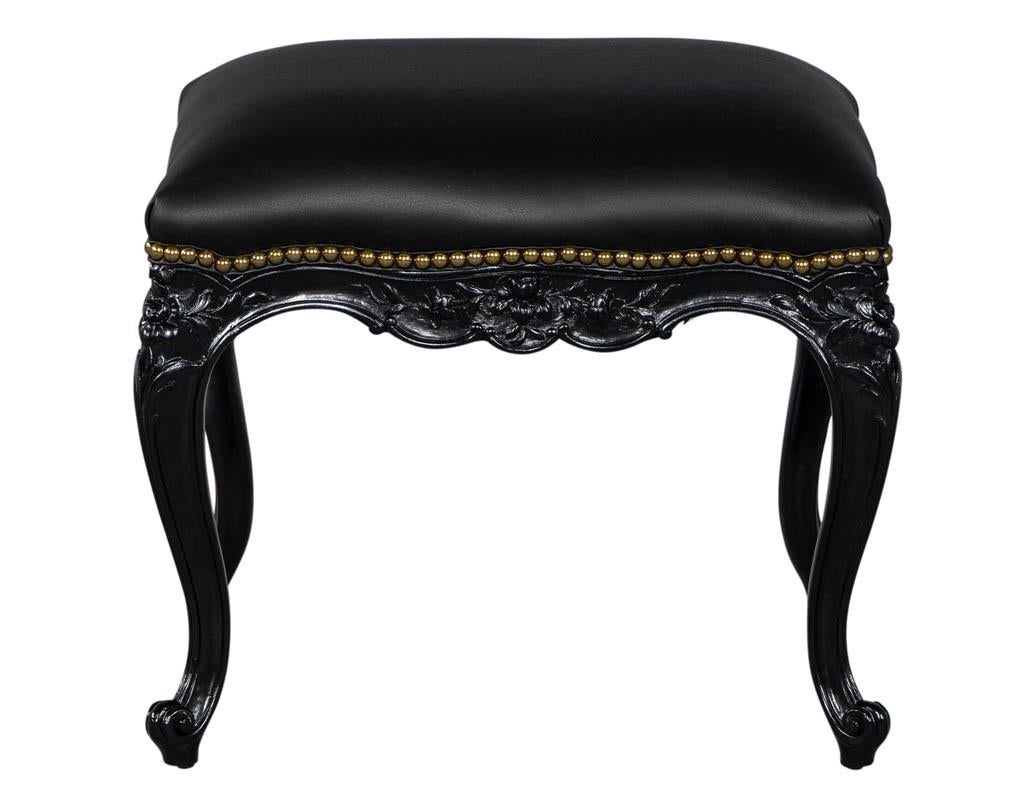 Louis XV Style black leather stool beautifully finished in a hand polished black lacquer with head to head antique brass nails.