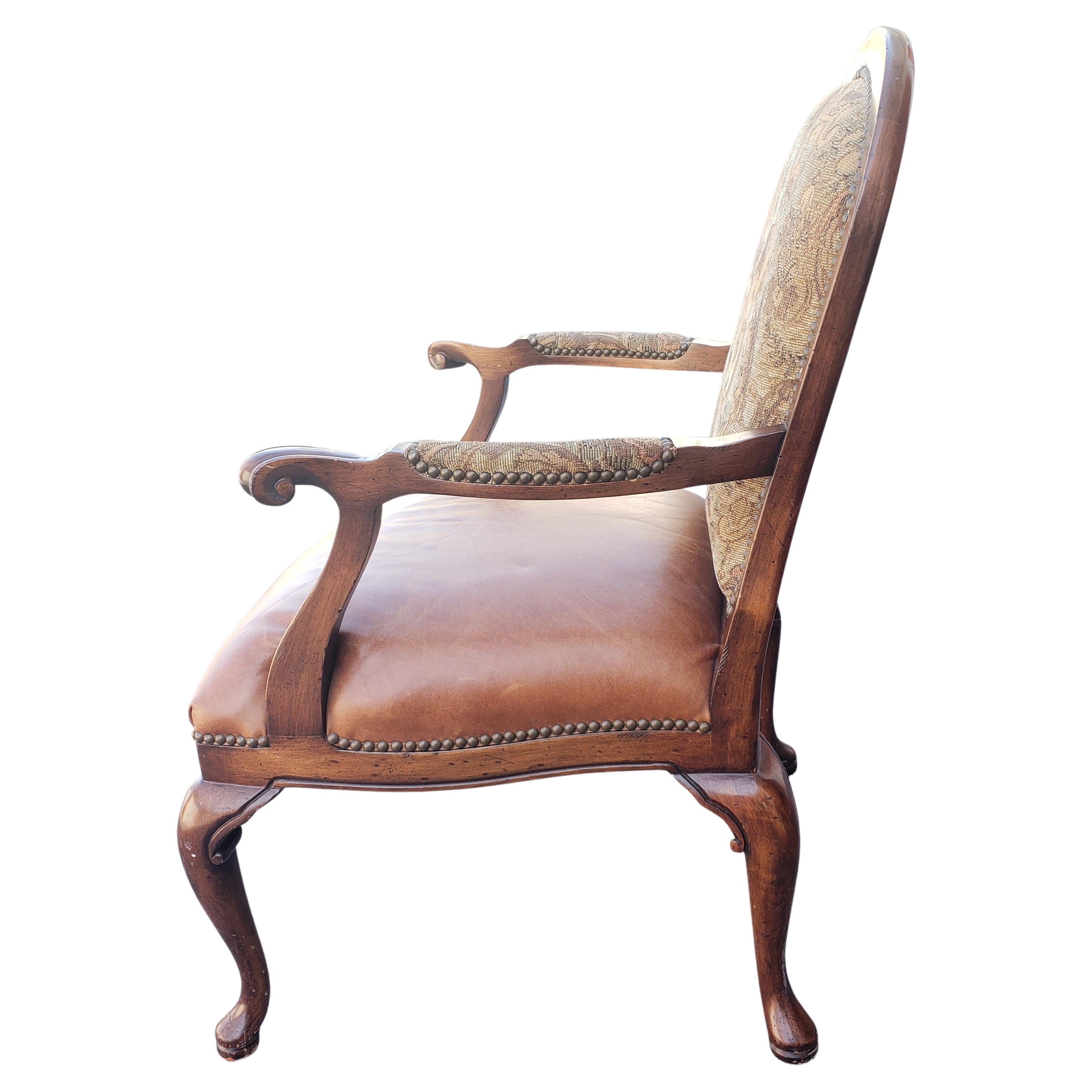 Late 20th Century Louis XV Style Leather Seat Upholstered Back with Nail Trim