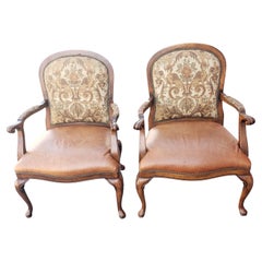 Louis XV Style Leather Seat Upholstered Back with Nail Trim
