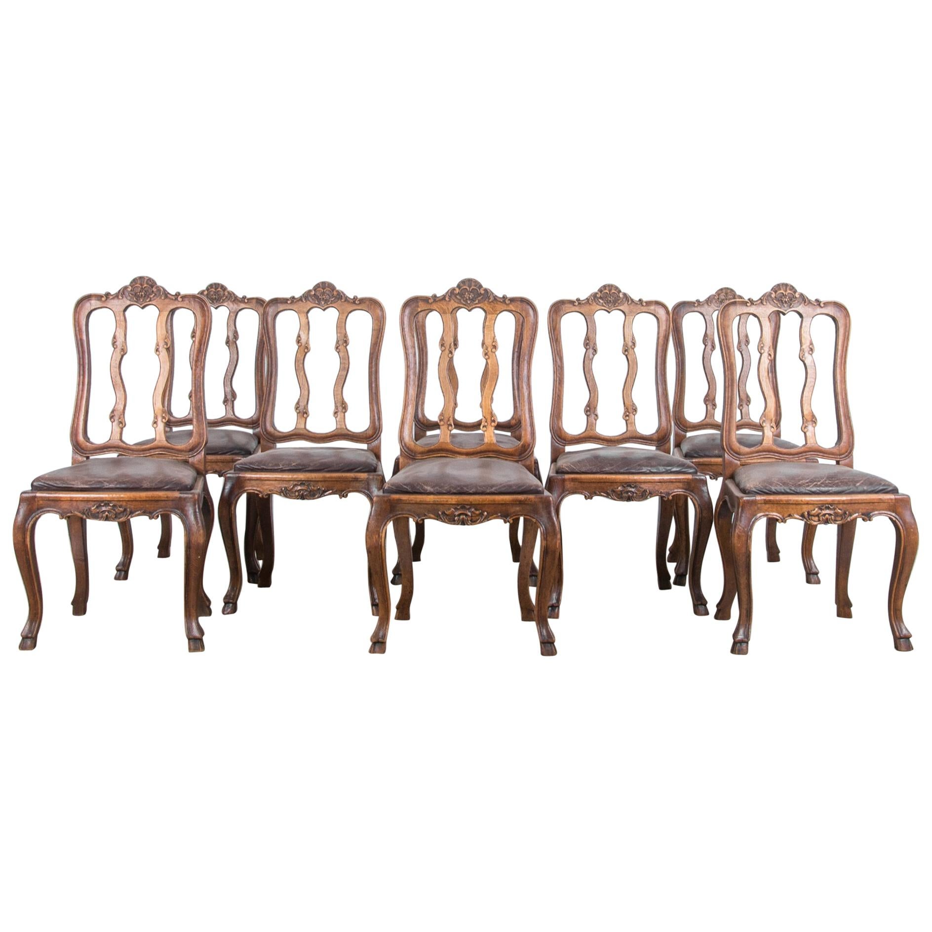 Louis XV Style Leather Upholstered Dining Chairs, Set of Eight