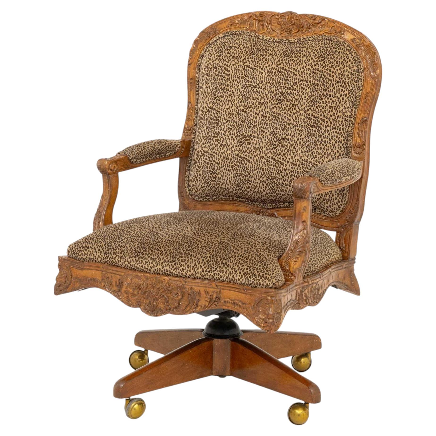 Louis XV Style Leopard Print Walnut Swivel Chair