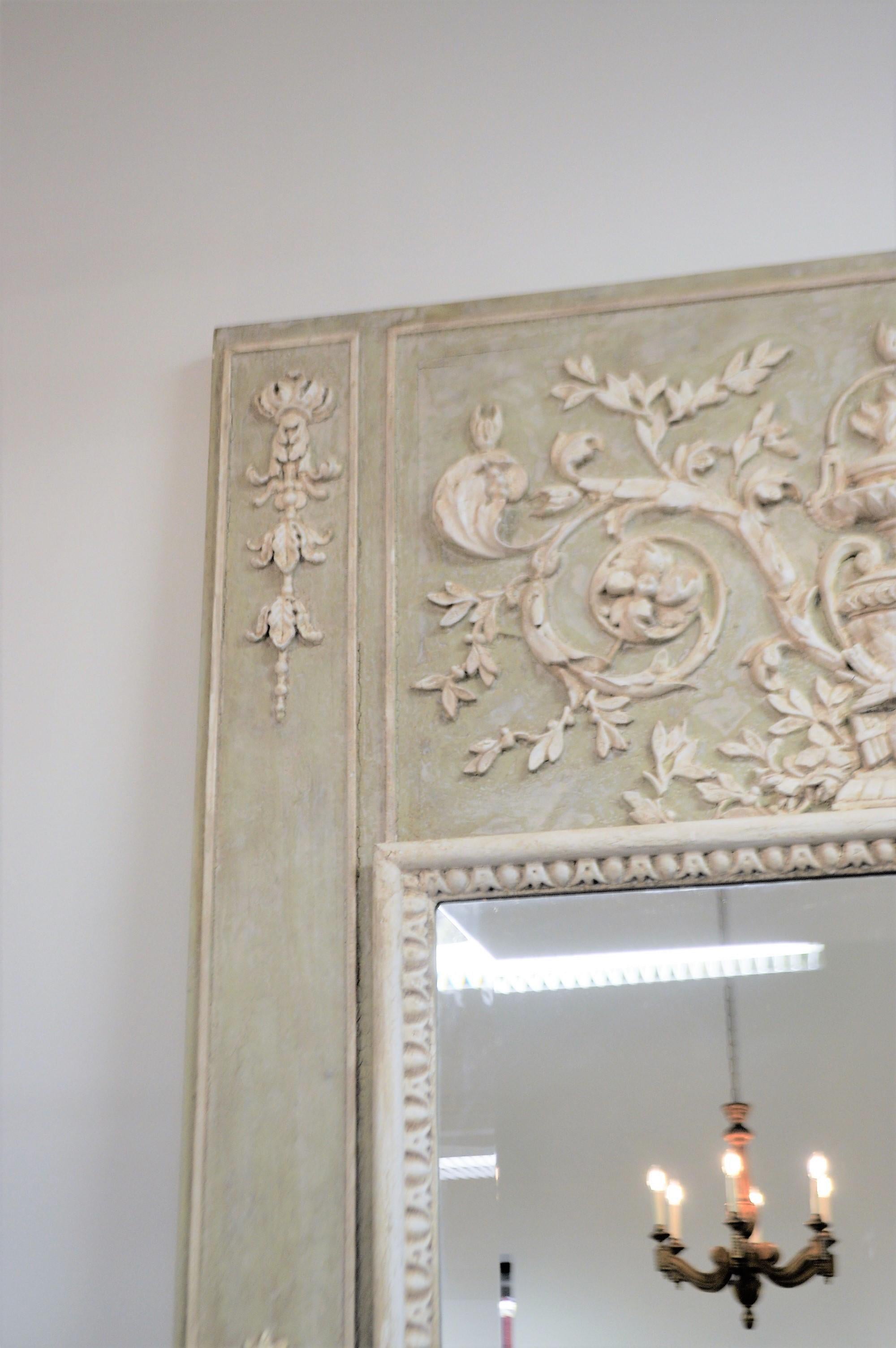 French Louis XV Style Light Green Painted Trumeau Mirror with White Carved Accents For Sale