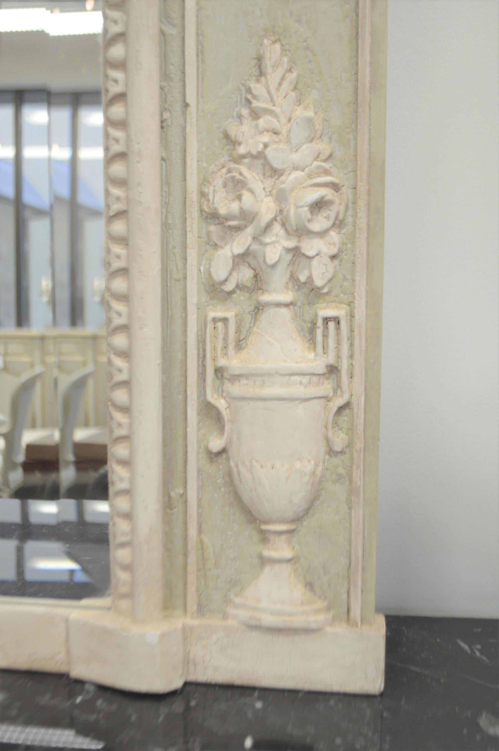 20th Century Louis XV Style Light Green Painted Trumeau Mirror with White Carved Accents For Sale