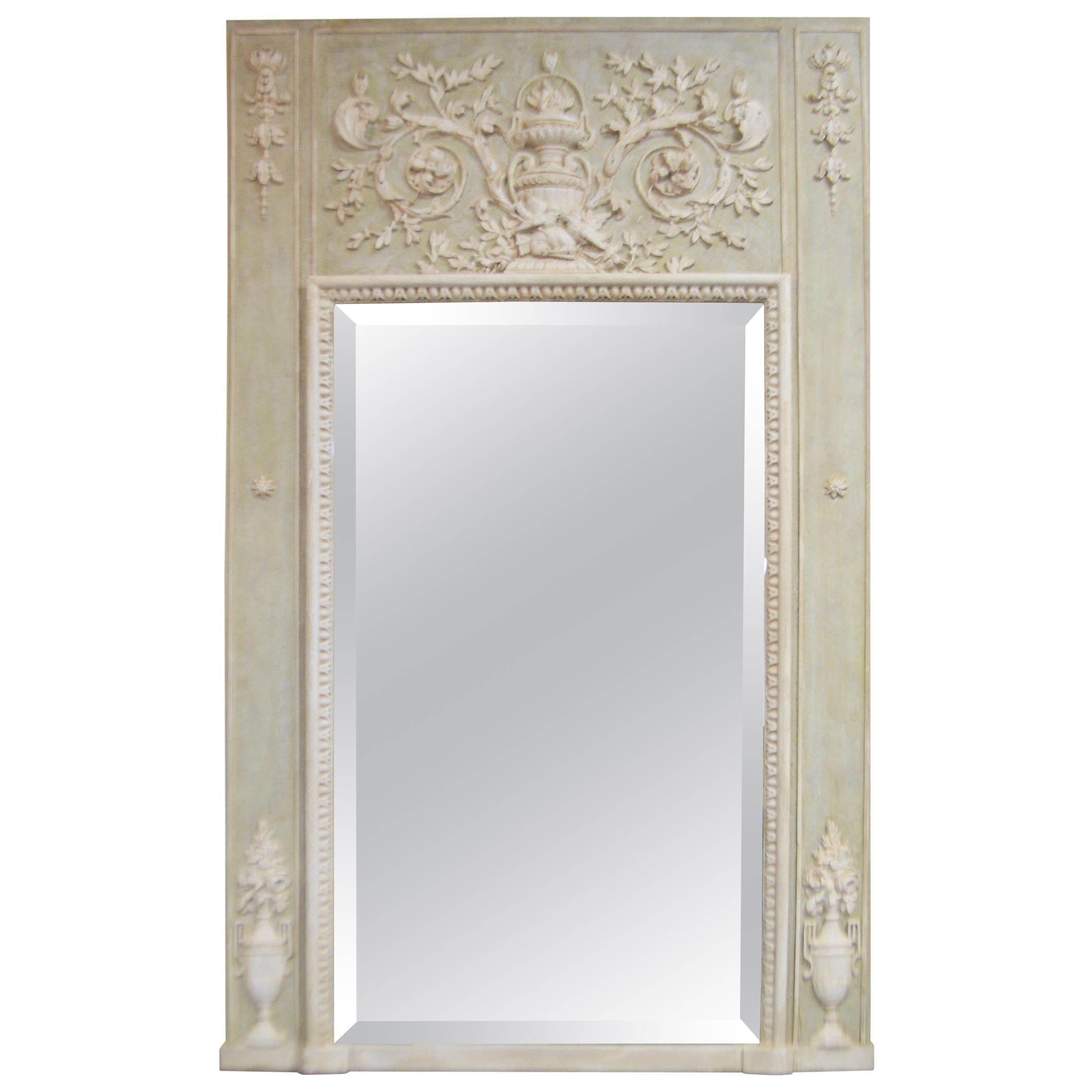 Louis XV Style Light Green Painted Trumeau Mirror with White Carved Accents For Sale