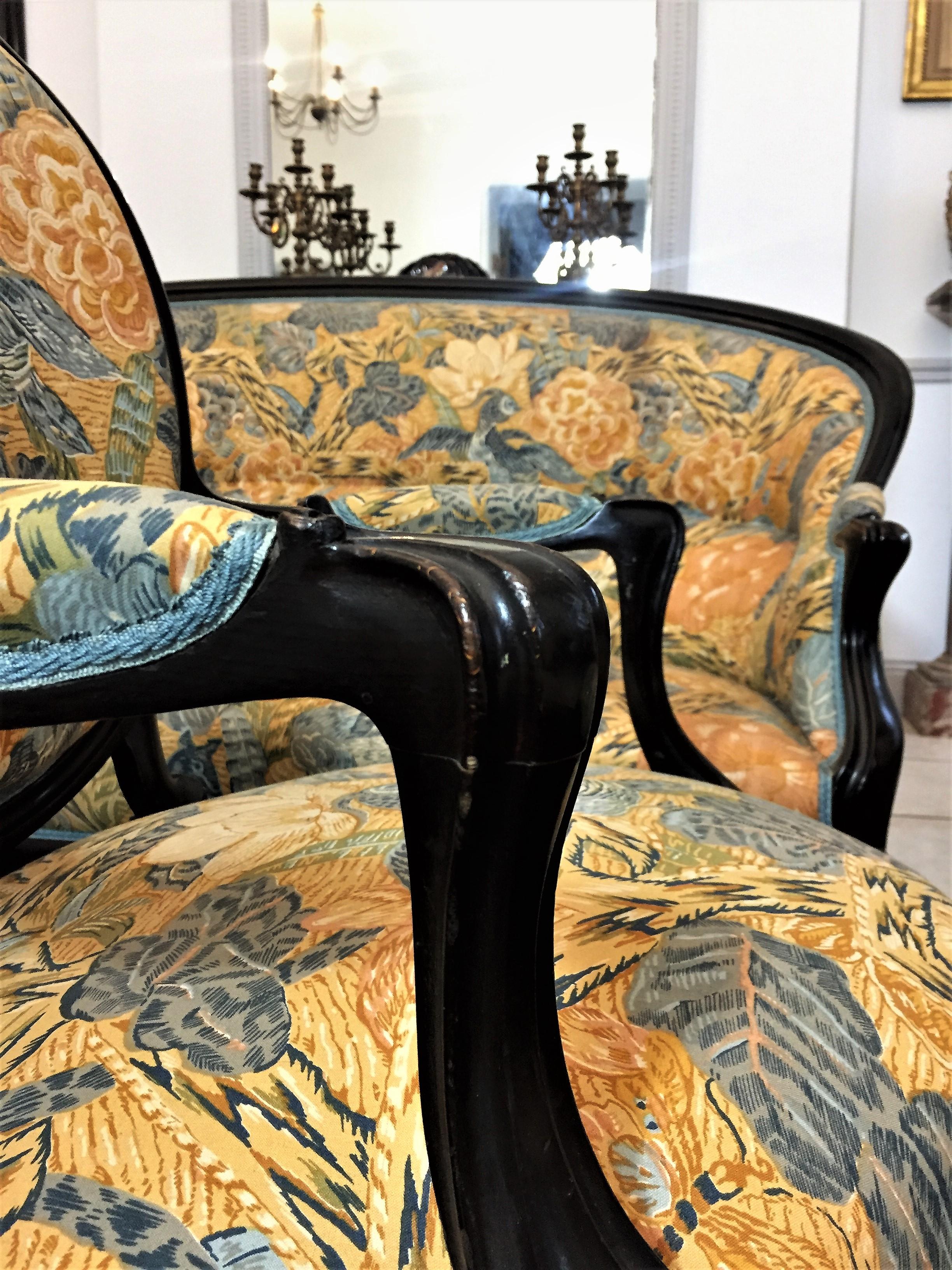 Louis XV Style Living Room Blackened Wood, Yellow, Blue Napoleon III, circa 1860 In Good Condition For Sale In Beuzevillette, FR