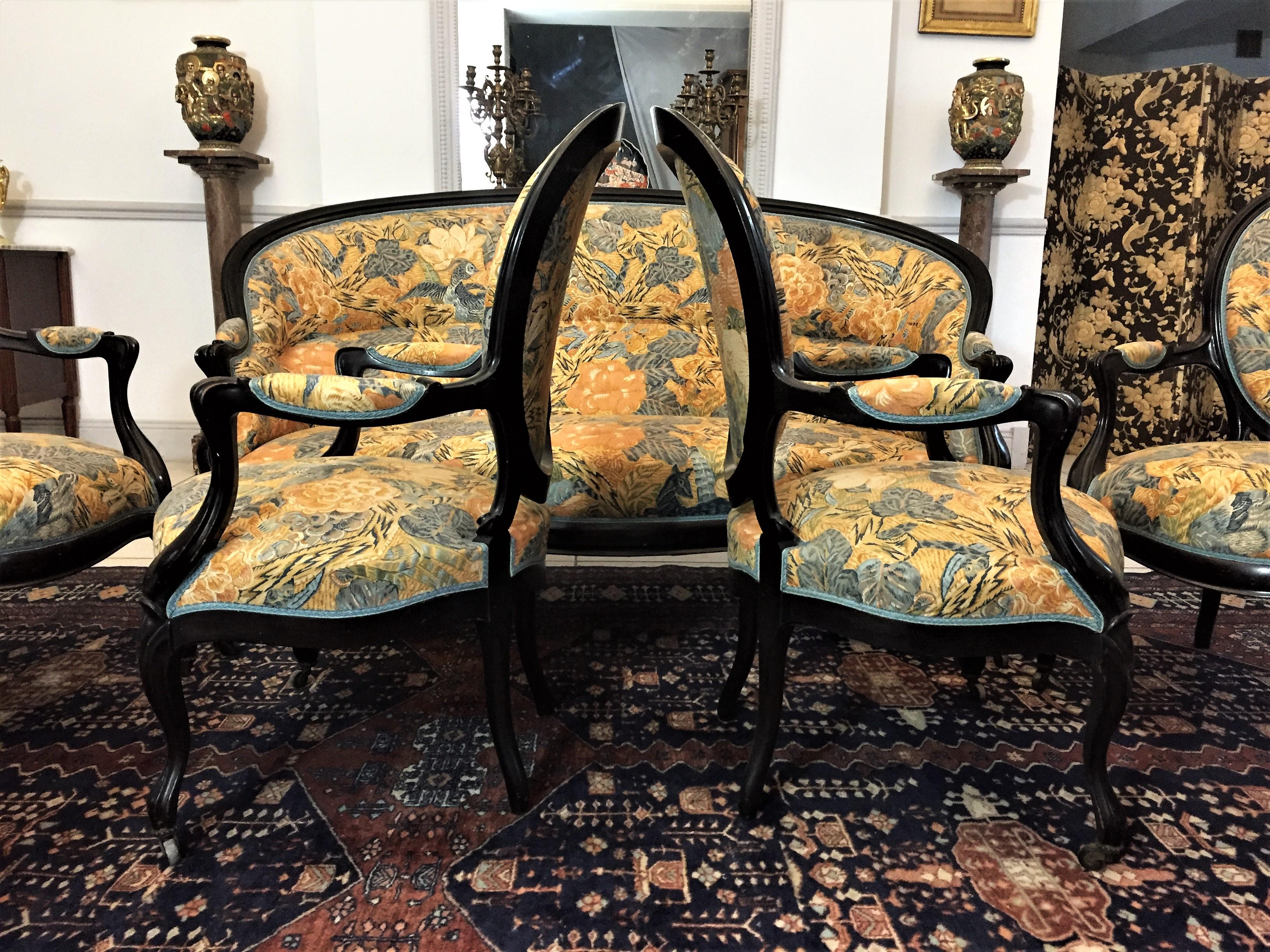 Louis XV Style Living Room Blackened Wood, Yellow, Blue Napoleon III, circa 1860 For Sale 2