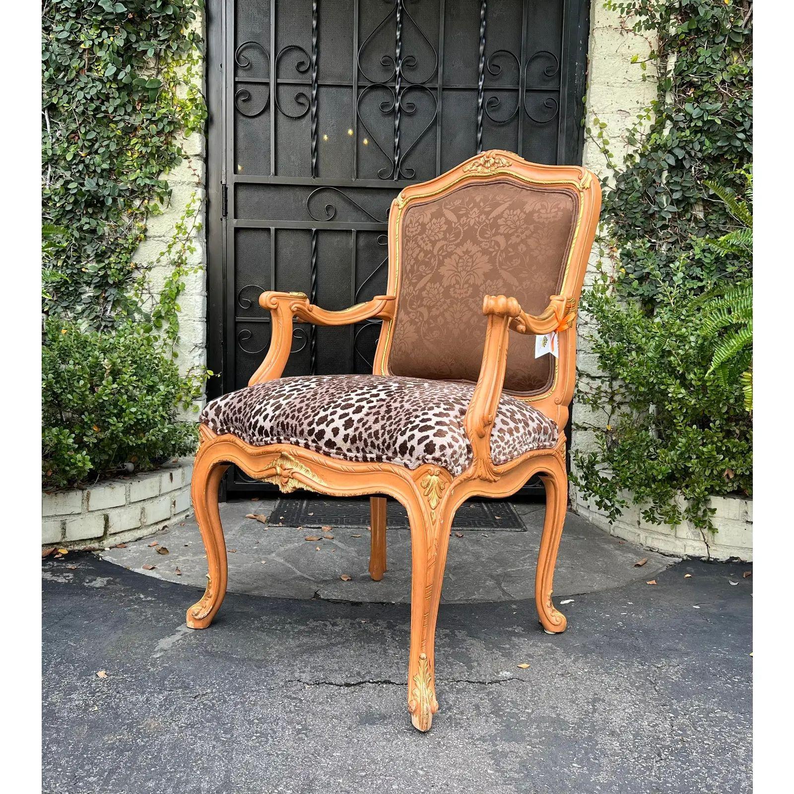 Priced each!
Louis XV Style Louis Mittman Fauteuil arm chairs. It features a combination of Scalamandre damask and Clarence House cut cheetah velvet upholstery. This listing is for 1 chair but we actually have 2 available.

Additional