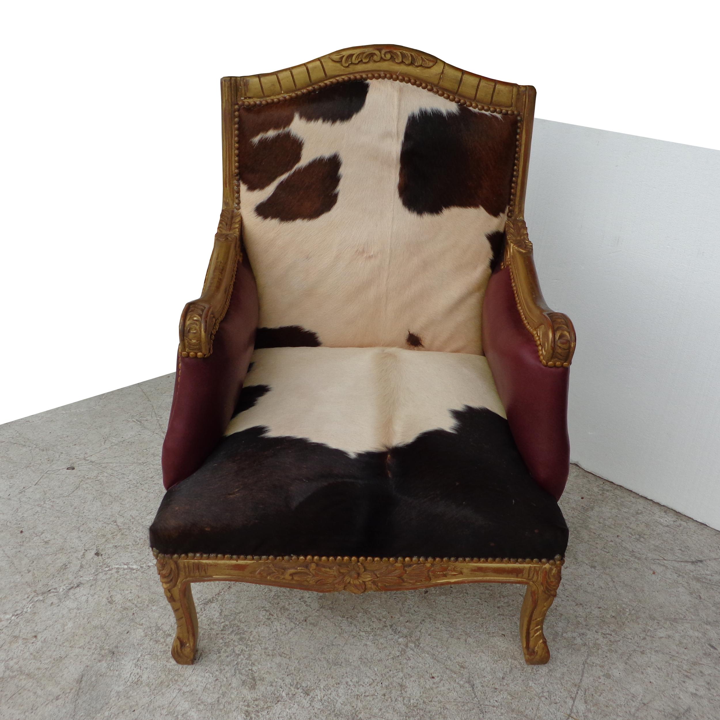 North American Louis XV Style Lounge Chair in Cowhide For Sale