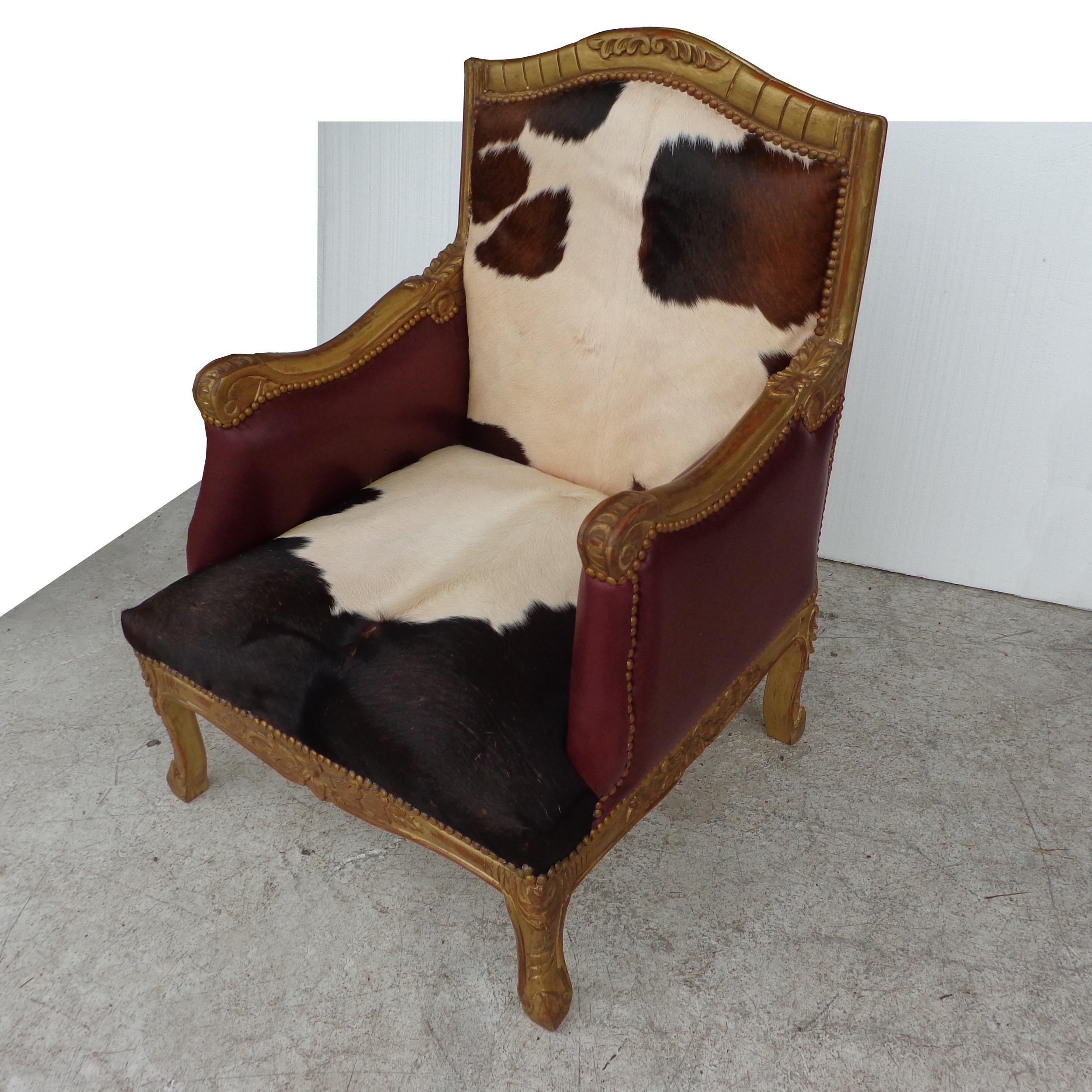 Louis XV Style Lounge Chair in Cowhide For Sale 1