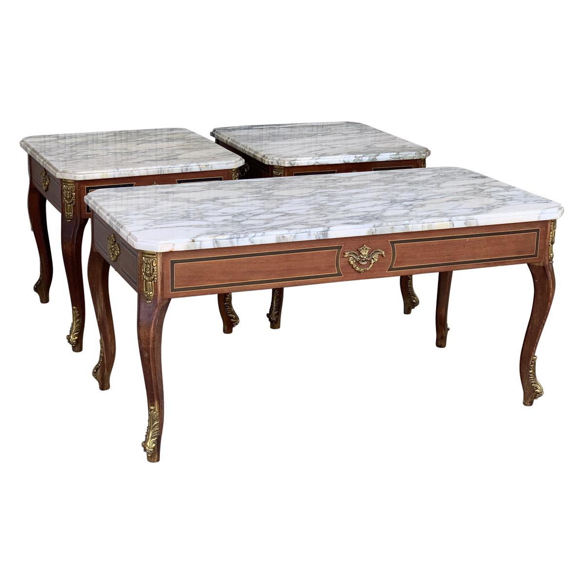 Louis XV Style Mahogany and Marble-Top Set of Three Coffee Table with Bronze