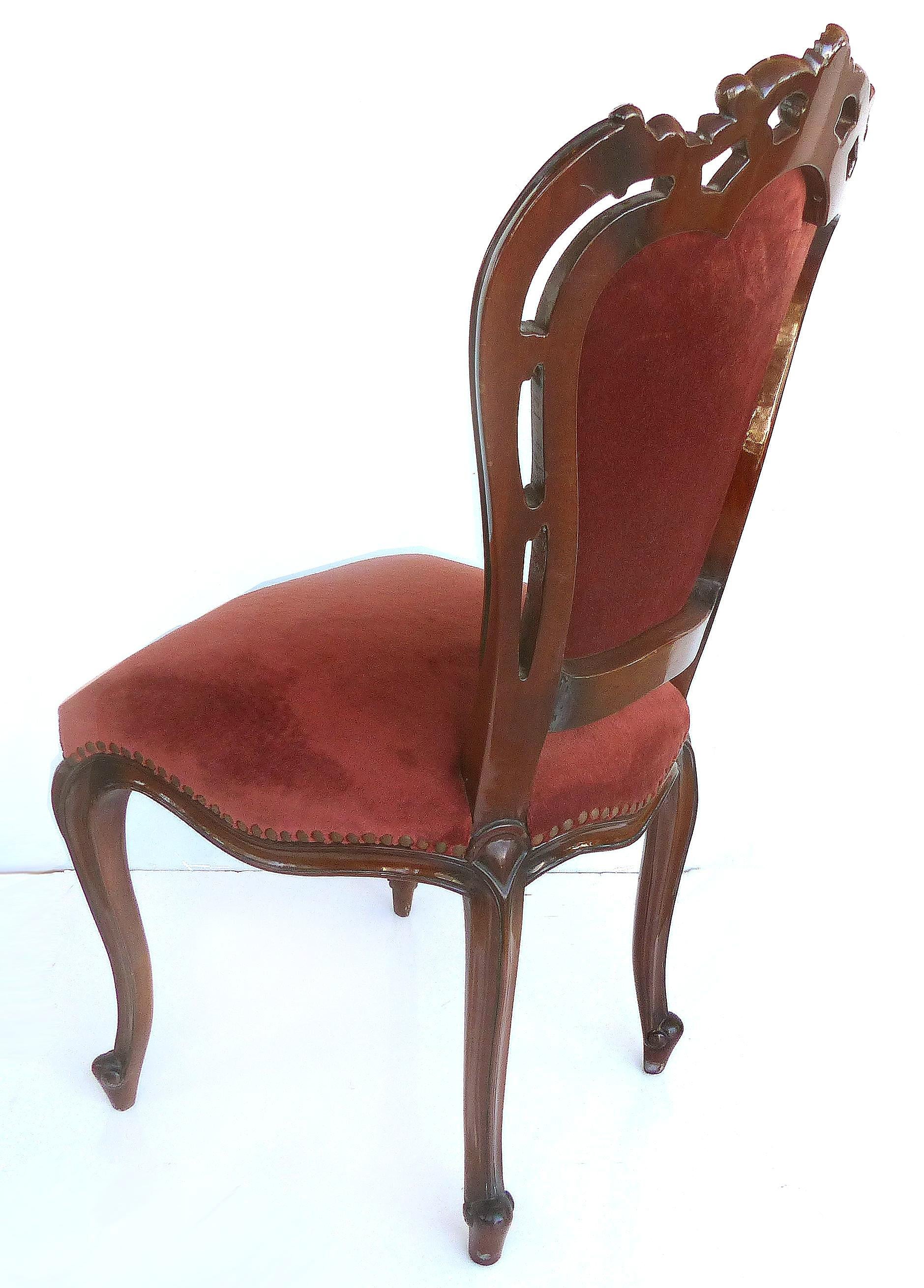 Metal Louis XV Style Mahogany Dining Chairs with Carved Pierced Backs, Set of Six