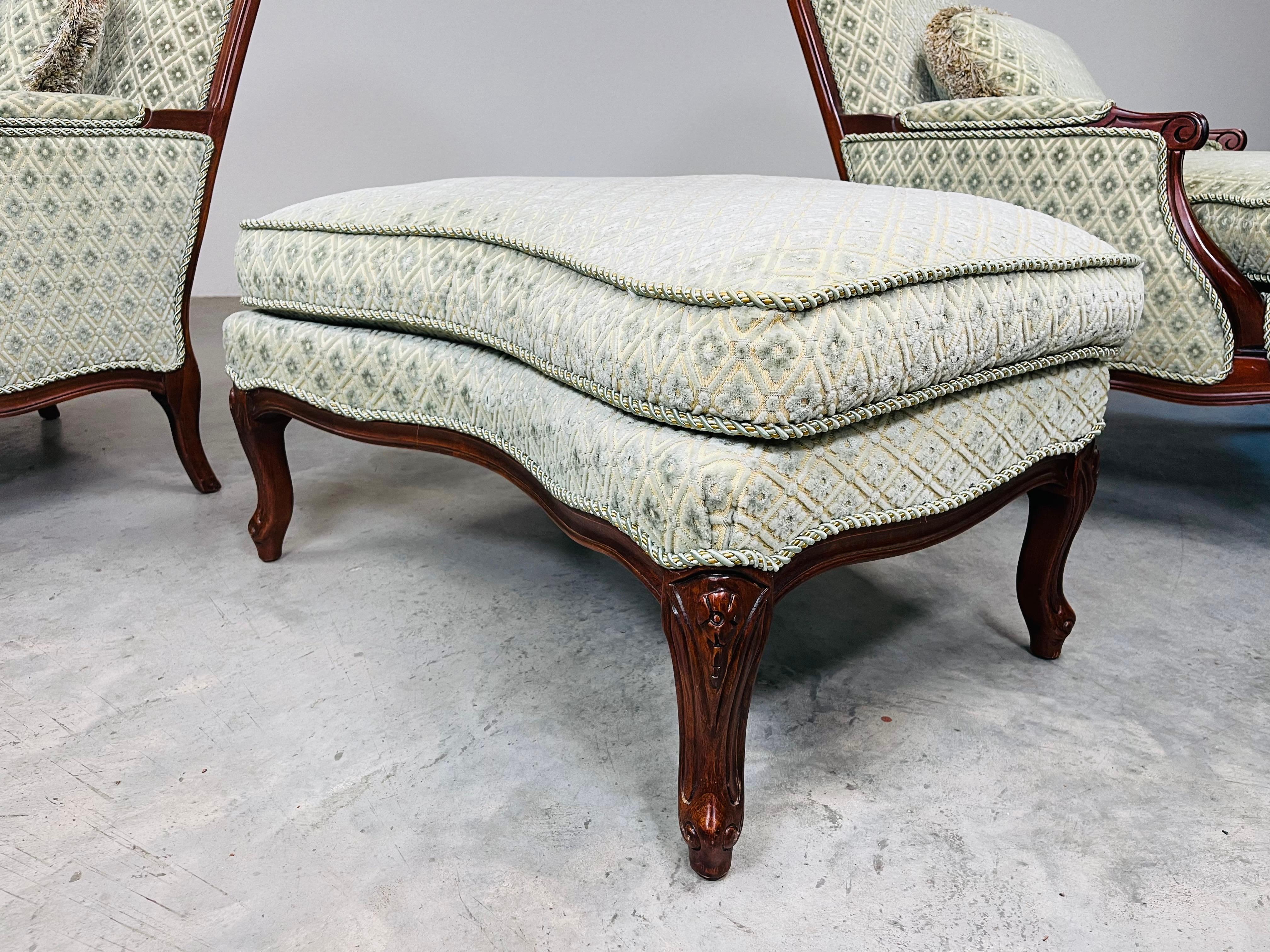 Louis XV Style Mahogany Velvet & Satin French Bergere Lounge Chairs With Ottoman 4