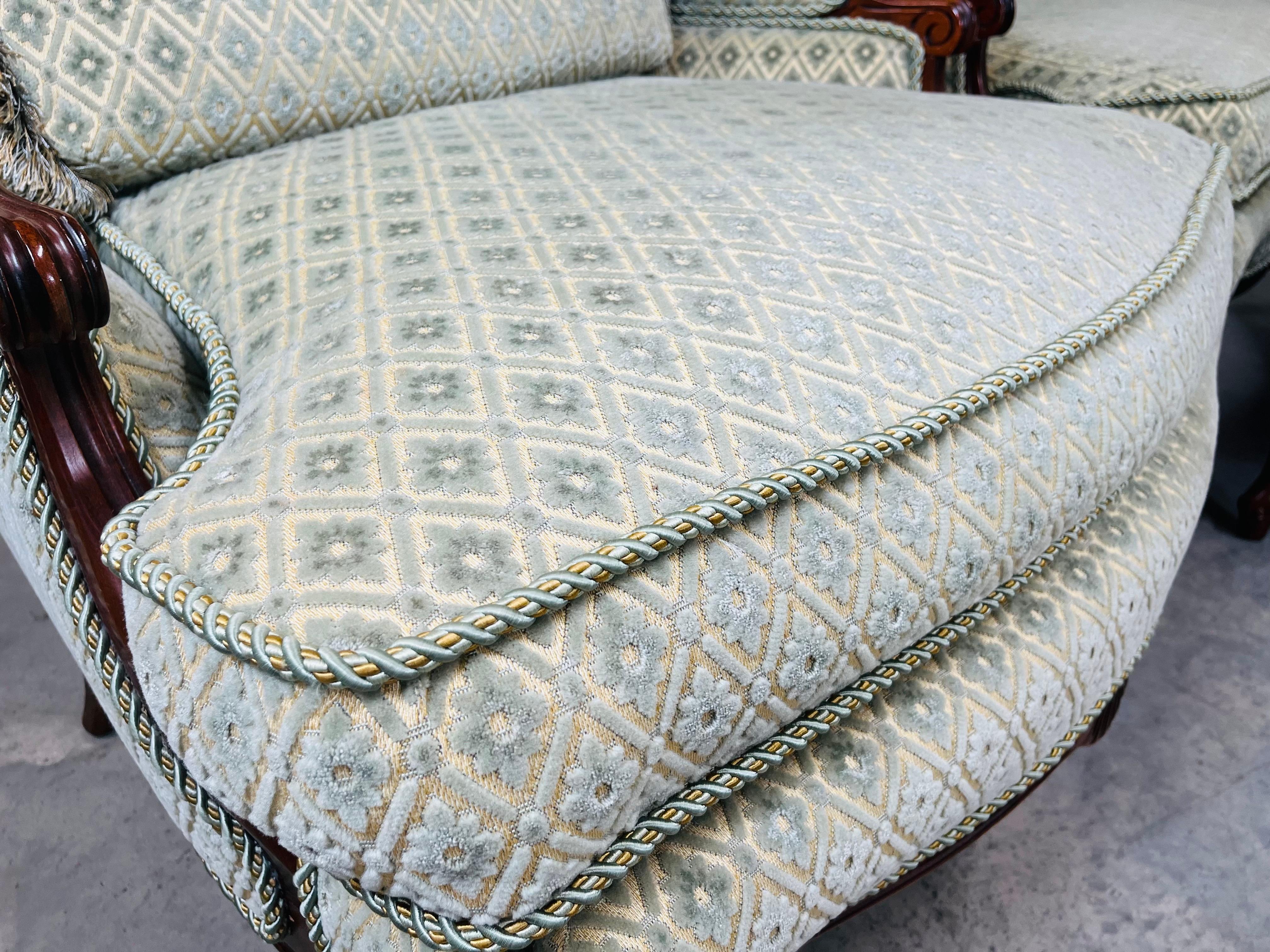 Louis XV Style Mahogany Velvet & Satin French Bergere Lounge Chairs With Ottoman 5