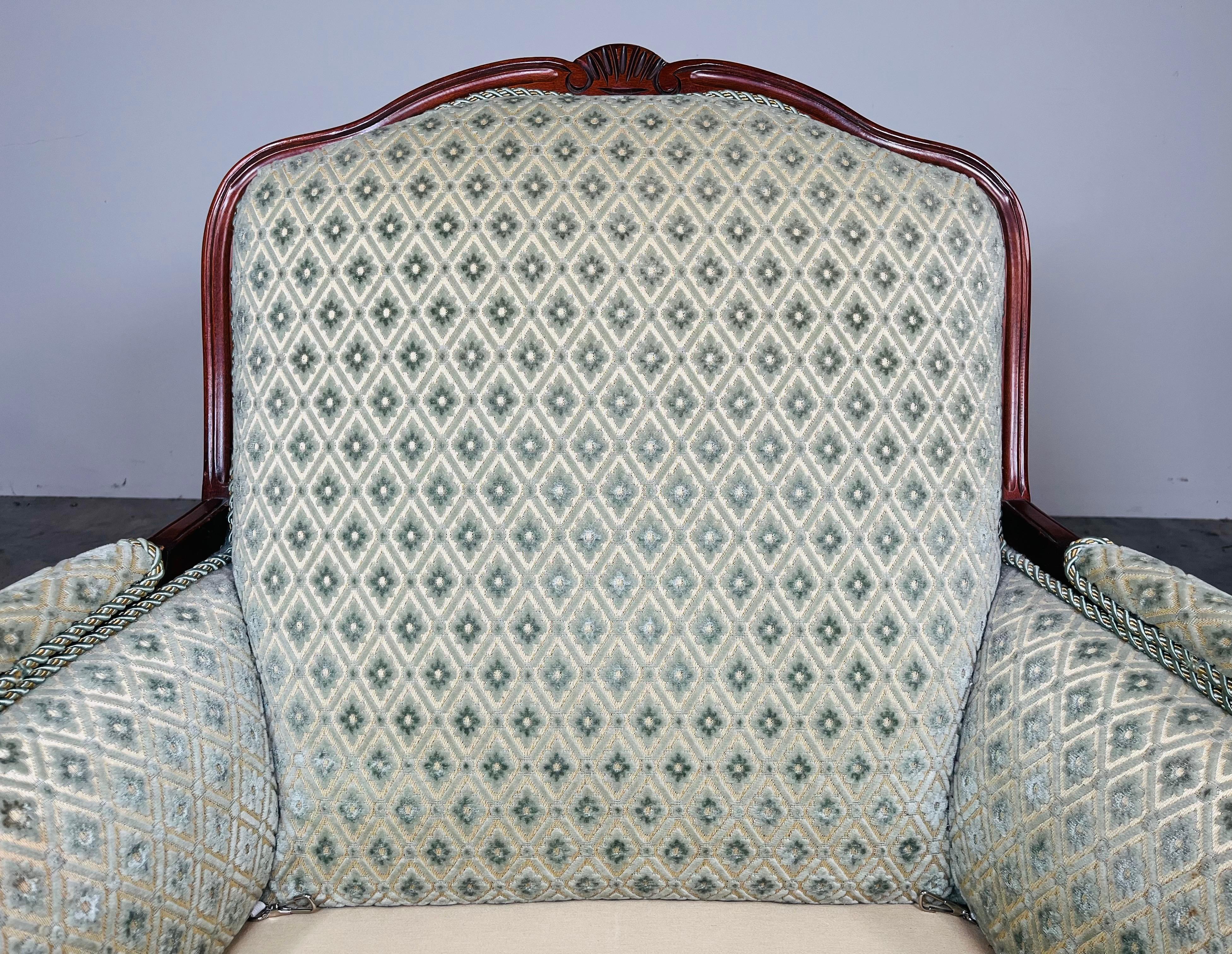 Louis XV Style Mahogany Velvet & Satin French Bergere Lounge Chairs With Ottoman 6