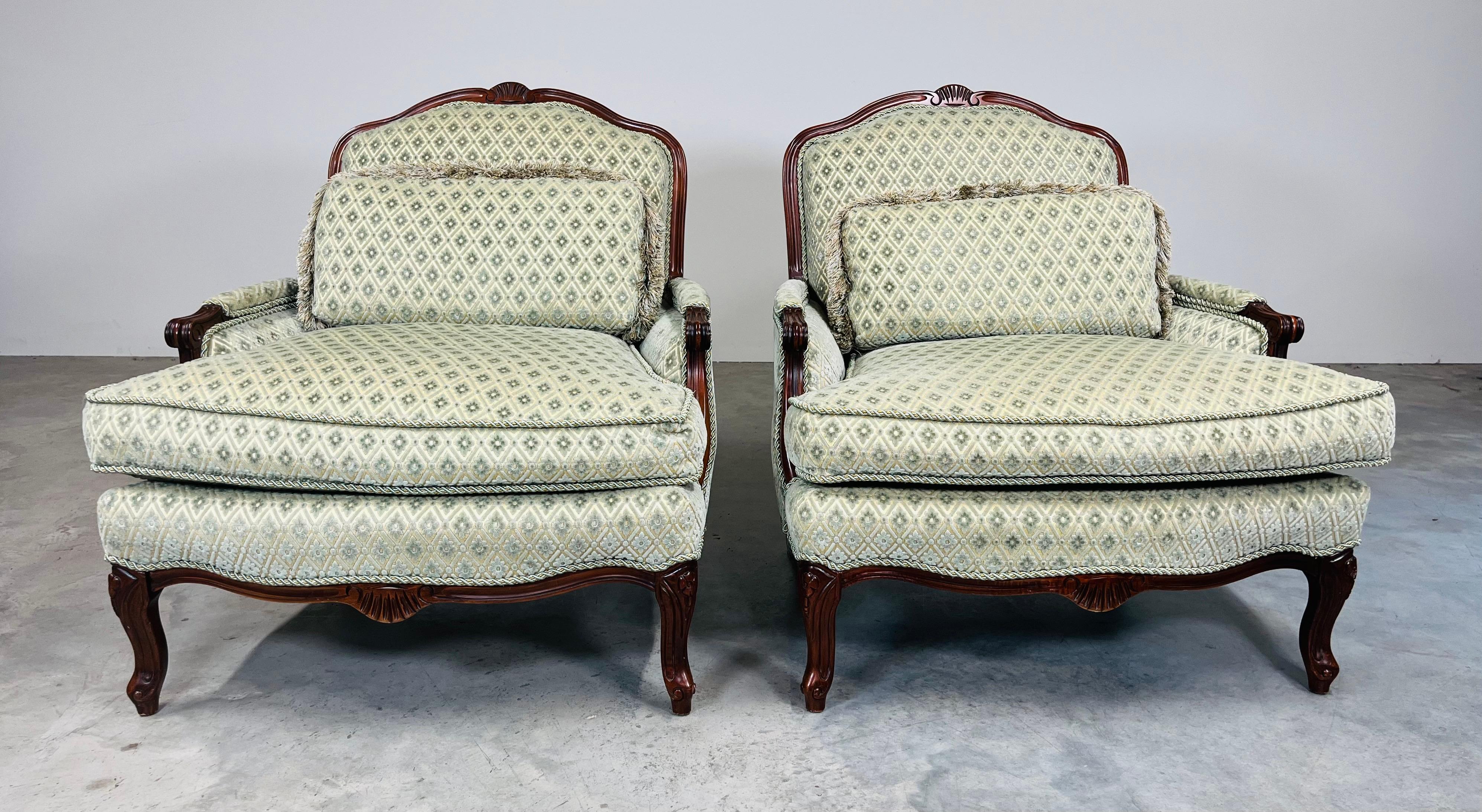 American Louis XV Style Mahogany Velvet & Satin French Bergere Lounge Chairs With Ottoman