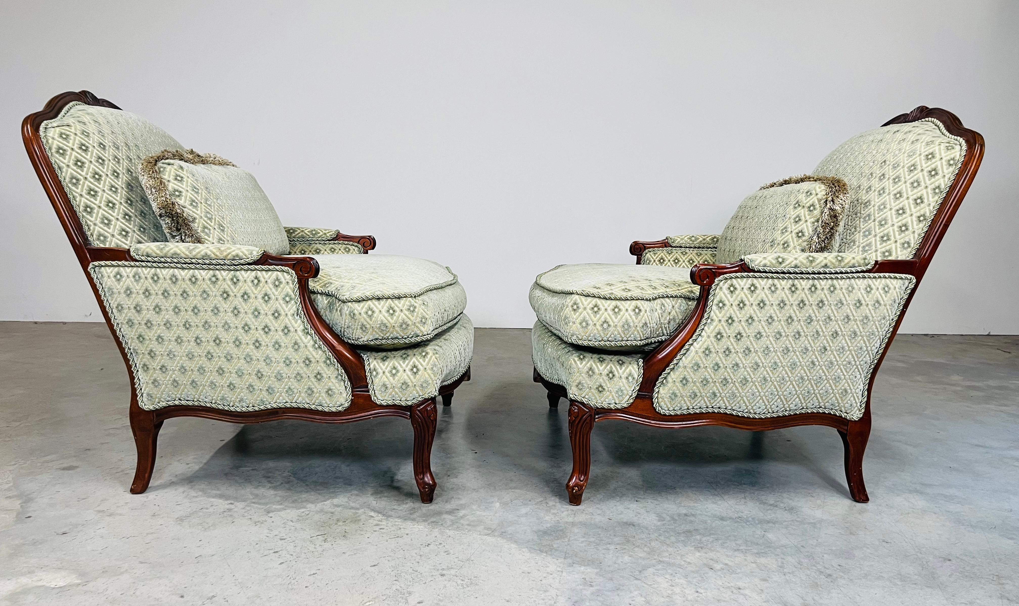 Hand-Carved Louis XV Style Mahogany Velvet & Satin French Bergere Lounge Chairs With Ottoman