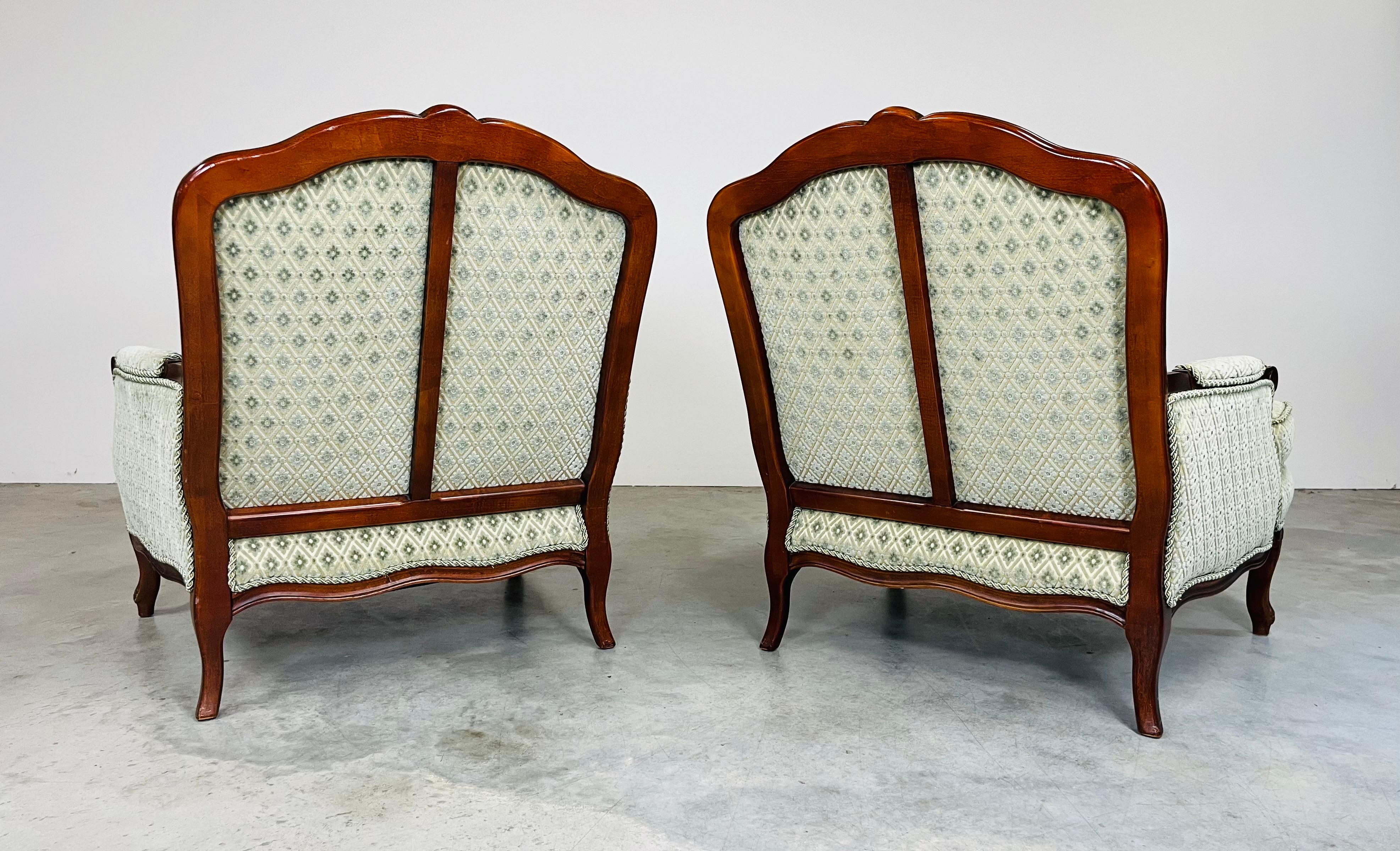 Contemporary Louis XV Style Mahogany Velvet & Satin French Bergere Lounge Chairs With Ottoman