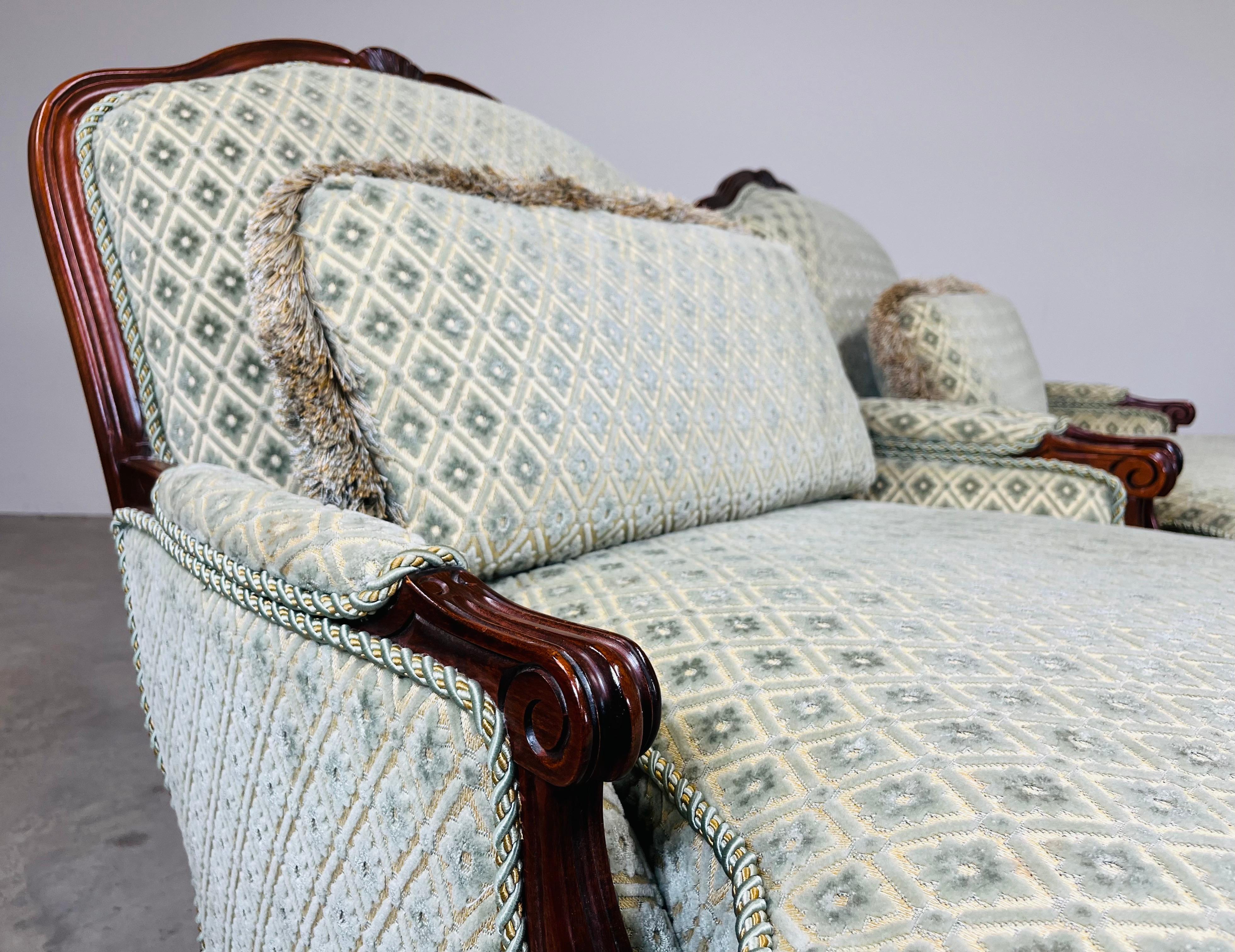 Louis XV Style Mahogany Velvet & Satin French Bergere Lounge Chairs With Ottoman 1