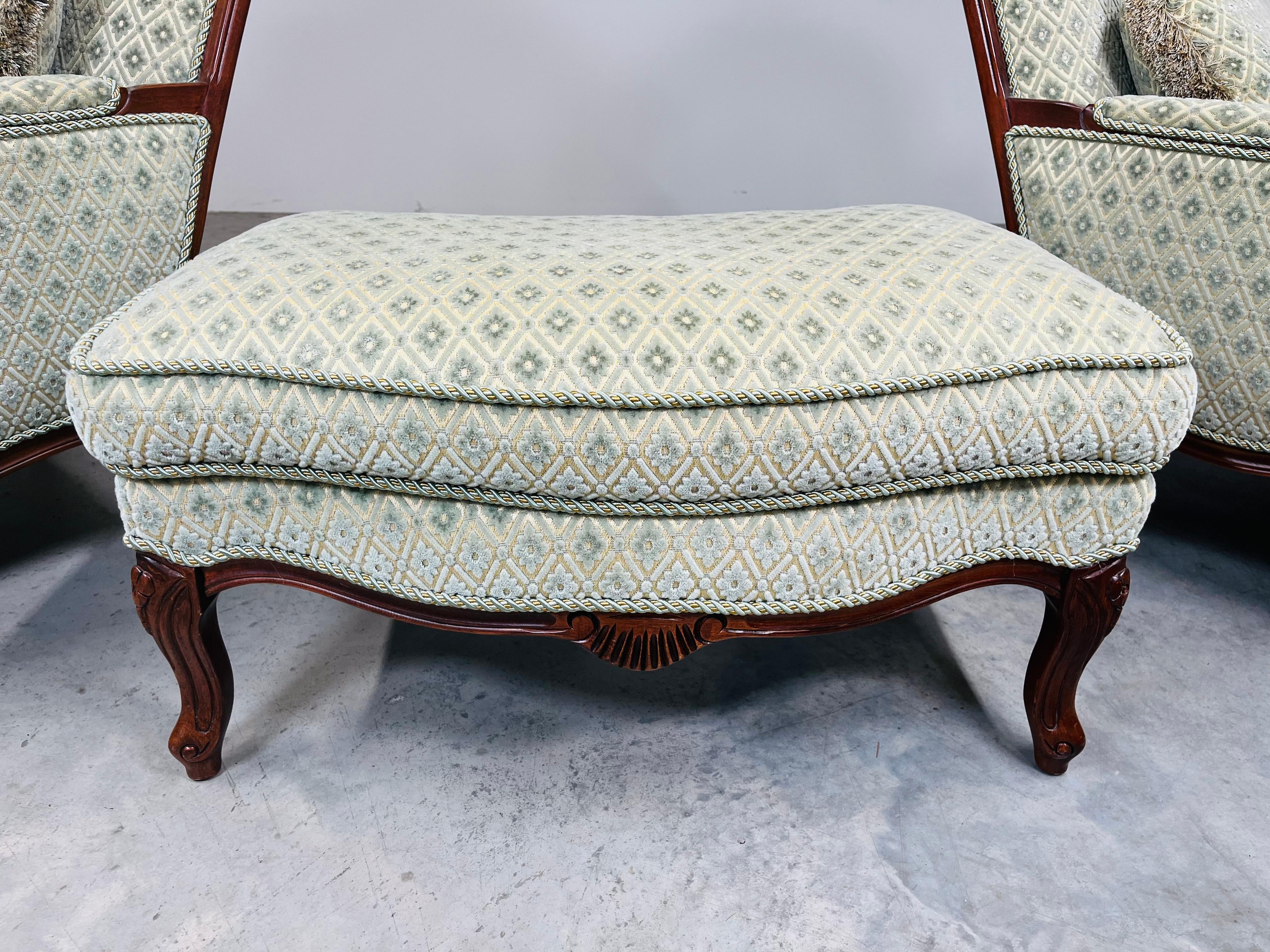 Louis XV Style Mahogany Velvet & Satin French Bergere Lounge Chairs With Ottoman 2