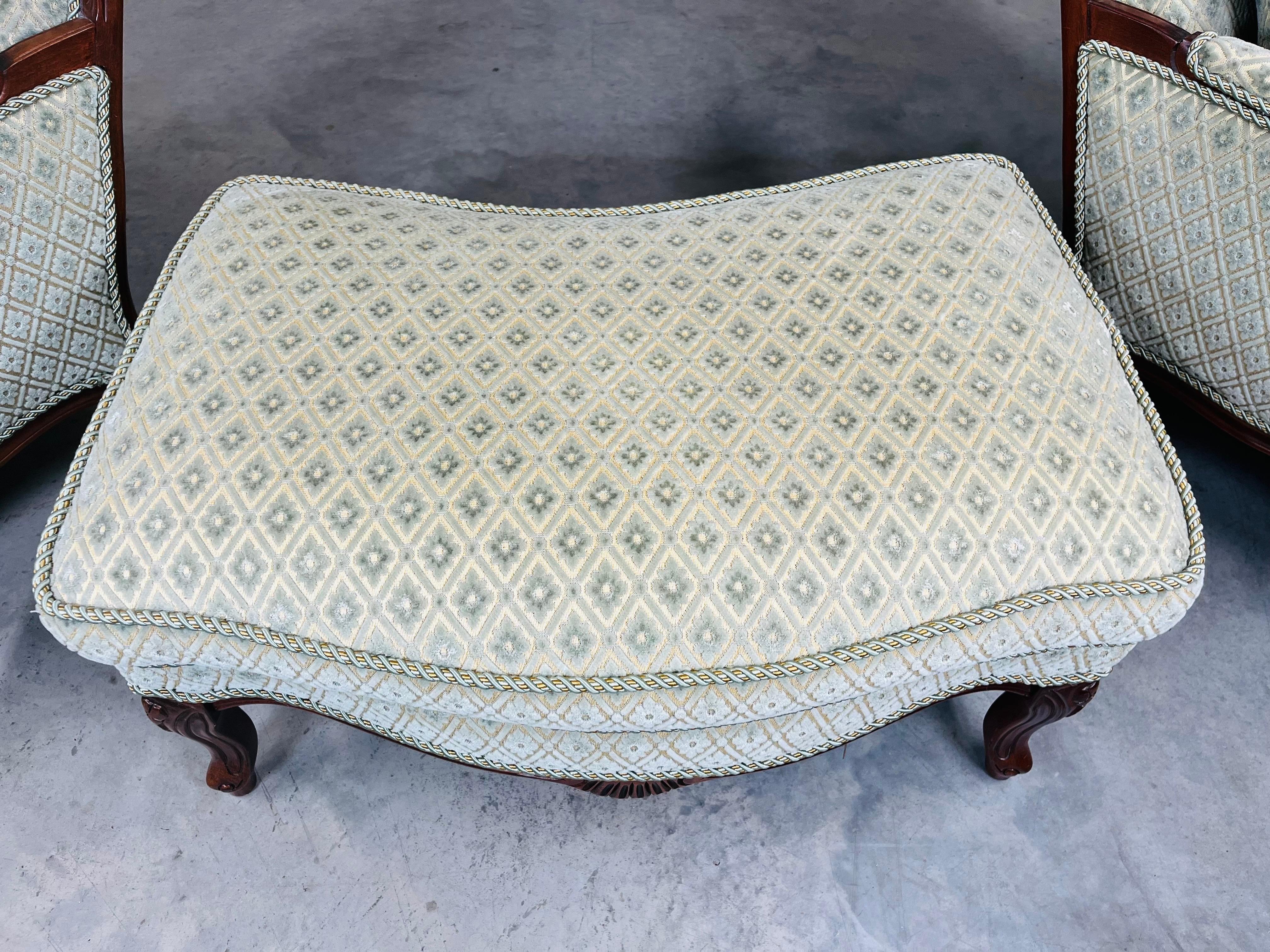 Louis XV Style Mahogany Velvet & Satin French Bergere Lounge Chairs With Ottoman 3