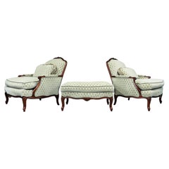 Louis XV Style Mahogany Velvet & Satin French Bergere Lounge Chairs With Ottoman